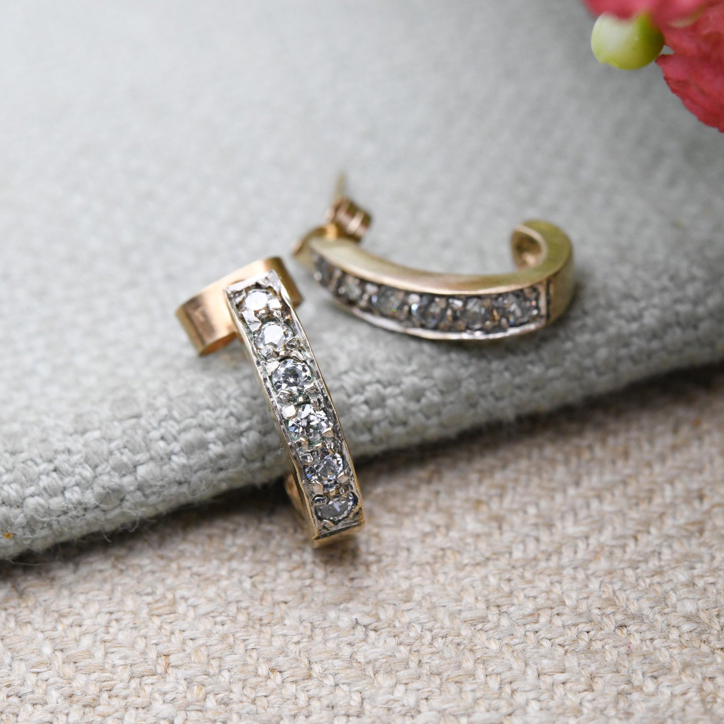 Vintage 9ct Gold Clear Stone Half Hoop Stud Earrings Mid-Century - Semi Circle | Solid Gold Jewellery Gift for Her | with Butterfly Backs