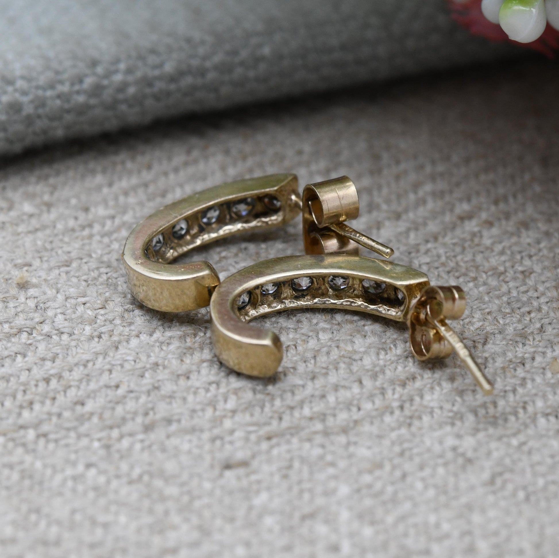 Vintage 9ct Gold Clear Stone Half Hoop Stud Earrings Mid-Century - Semi Circle | Solid Gold Jewellery Gift for Her | with Butterfly Backs