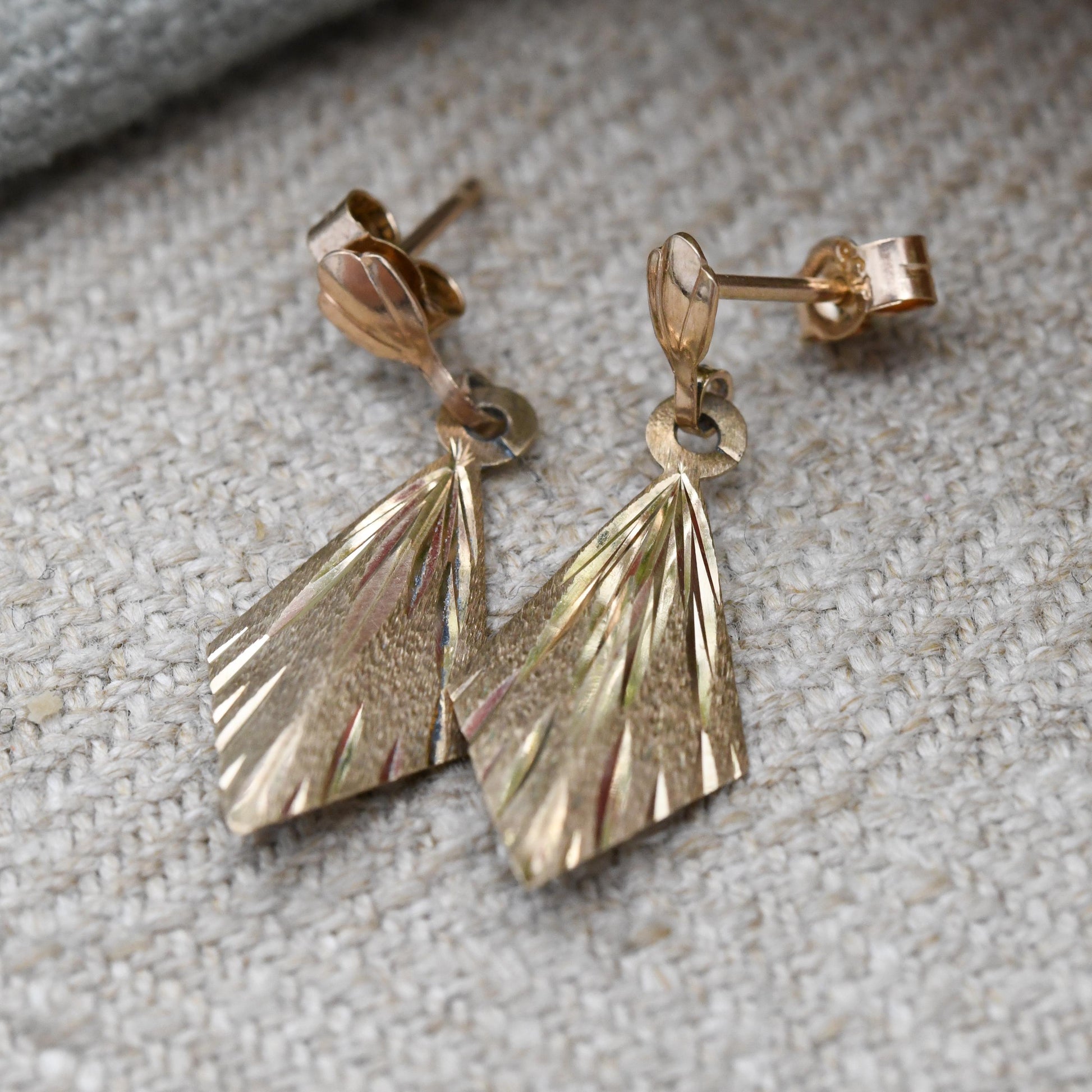 Vintage 9ct Gold Diamond-cut Drop Earrings | Small Delicate Light Gold Dangle Earrings with Butterfly Backs | Minimal Design