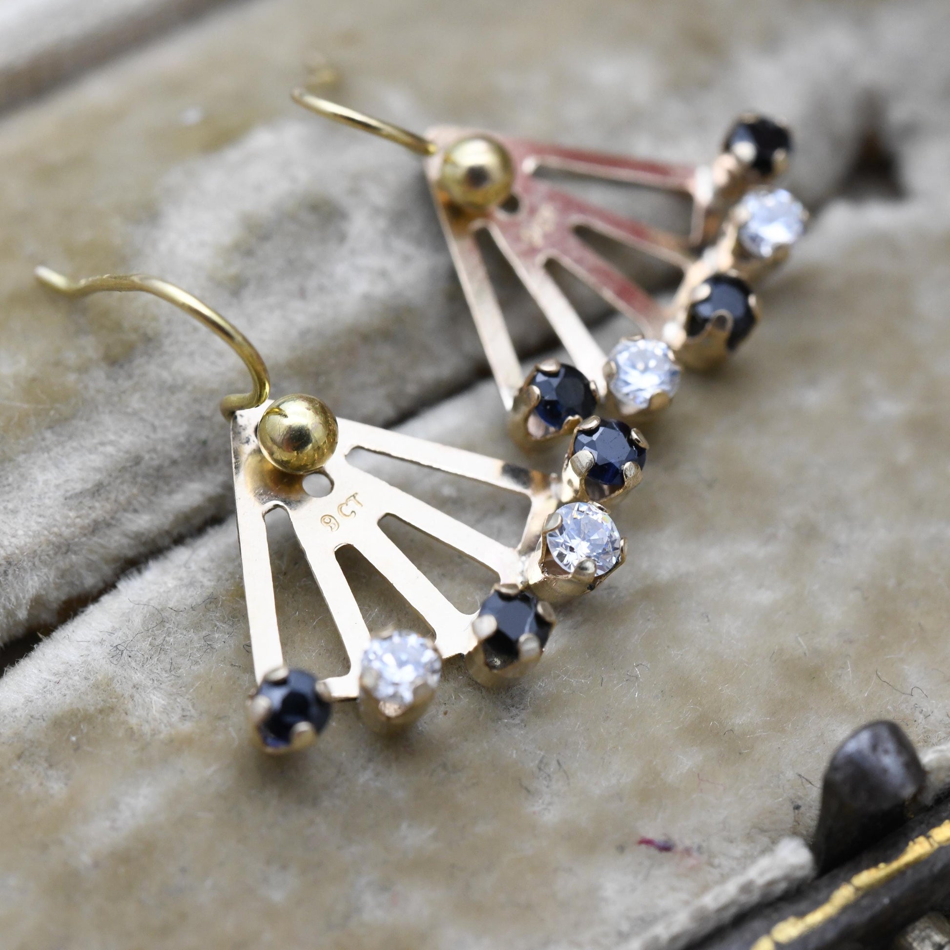 Vintage 9ct Gold Sapphire and CZ Fan Earrings | Minimal Everyday Gold | Blue Sapphire Gift for Her