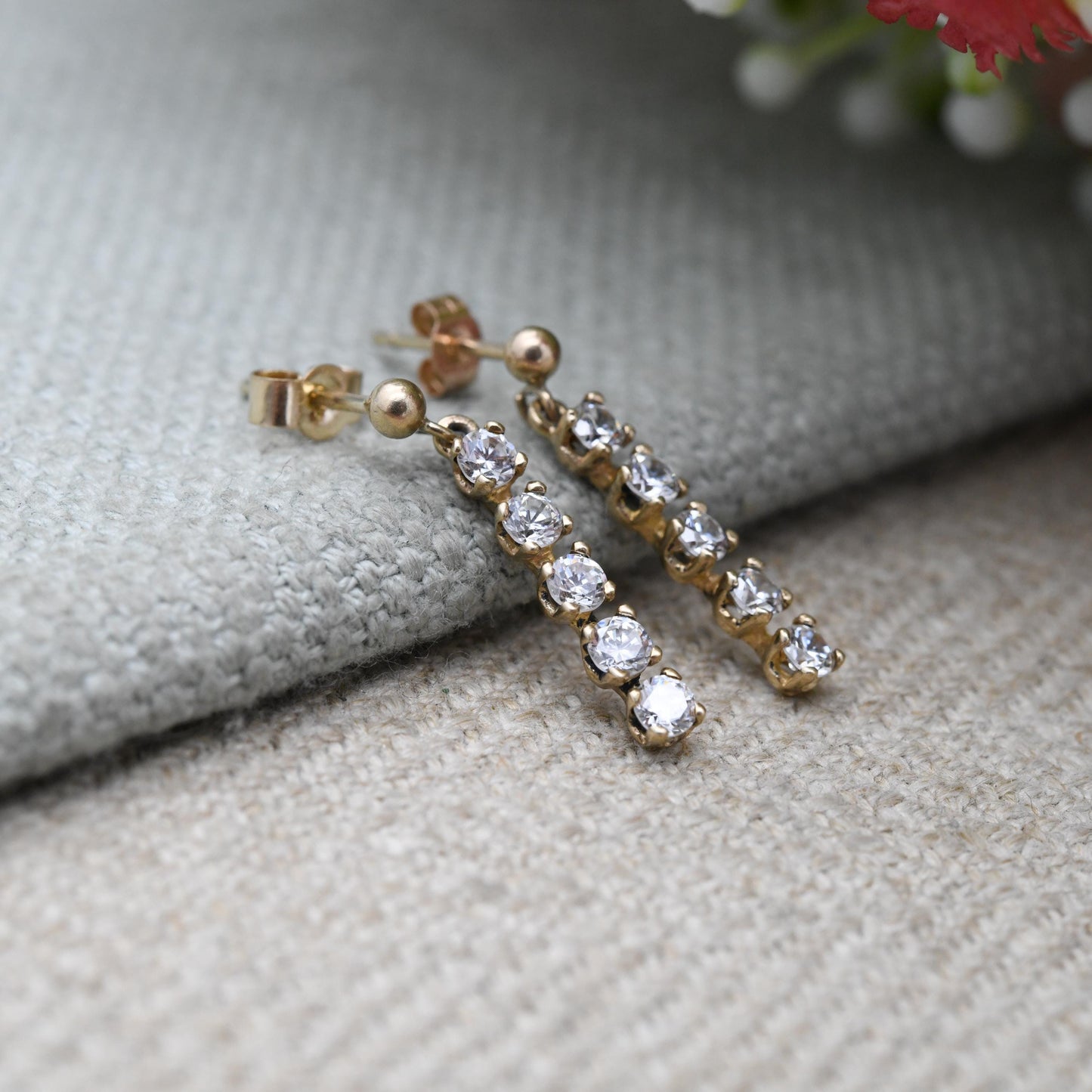 Vintage 9ct Gold CZ Drop Earrings - Rectangle | Sparkly Stones | Gold Butterfly Backs