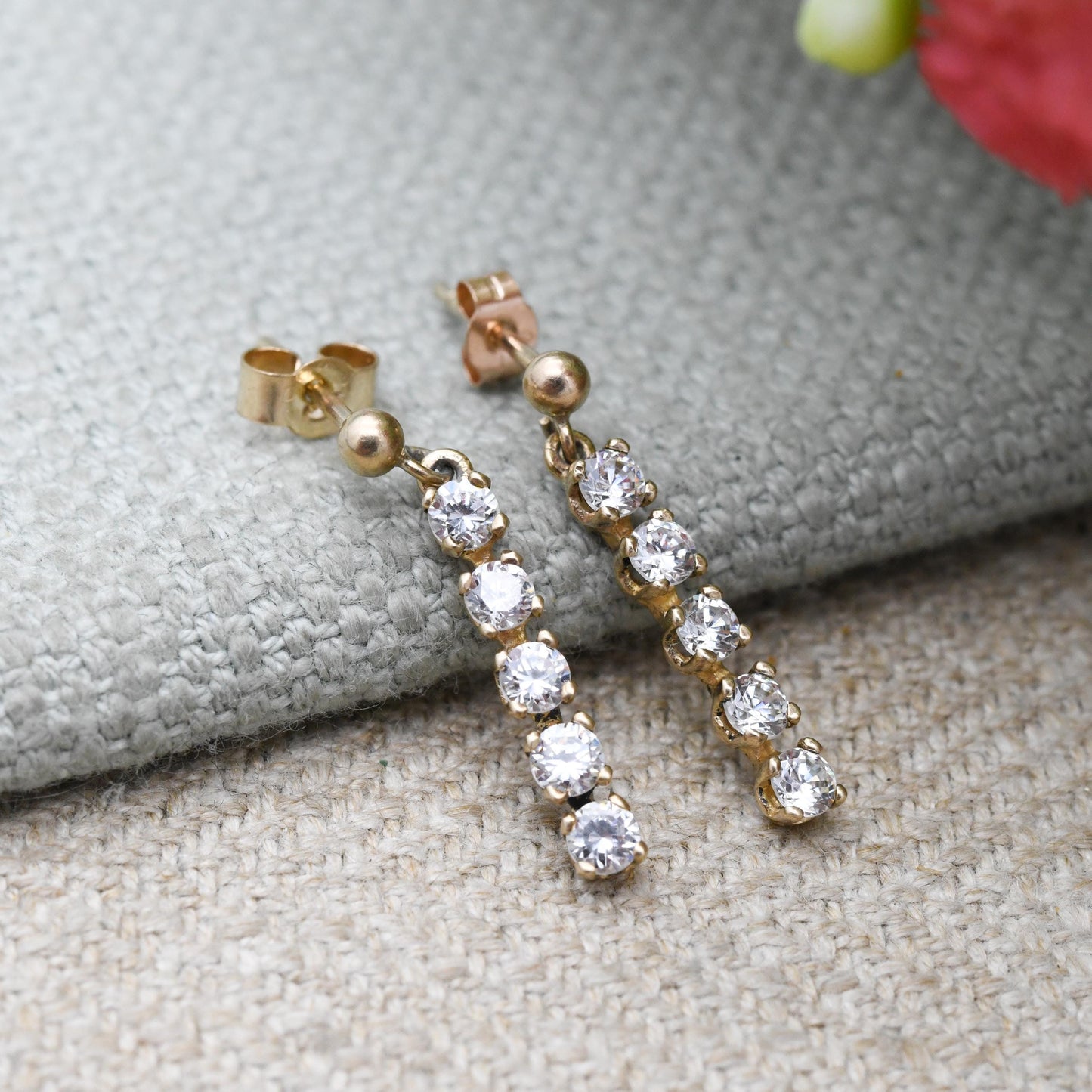 Vintage 9ct Gold CZ Drop Earrings - Rectangle | Sparkly Stones | Gold Butterfly Backs