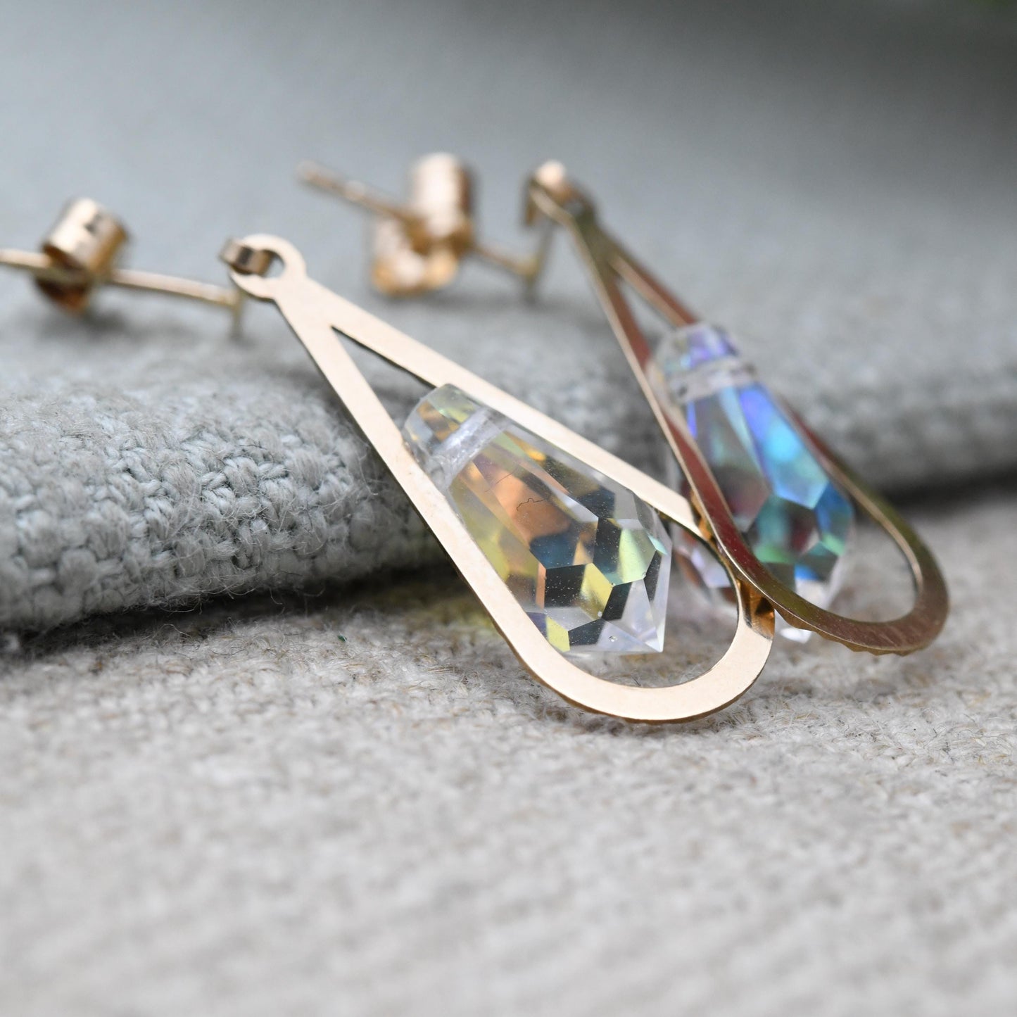 Vintage 9ct Gold AB Glass Drop Earrings - Teardrop Sparkly Large Stone | Gold Butterfly Backs