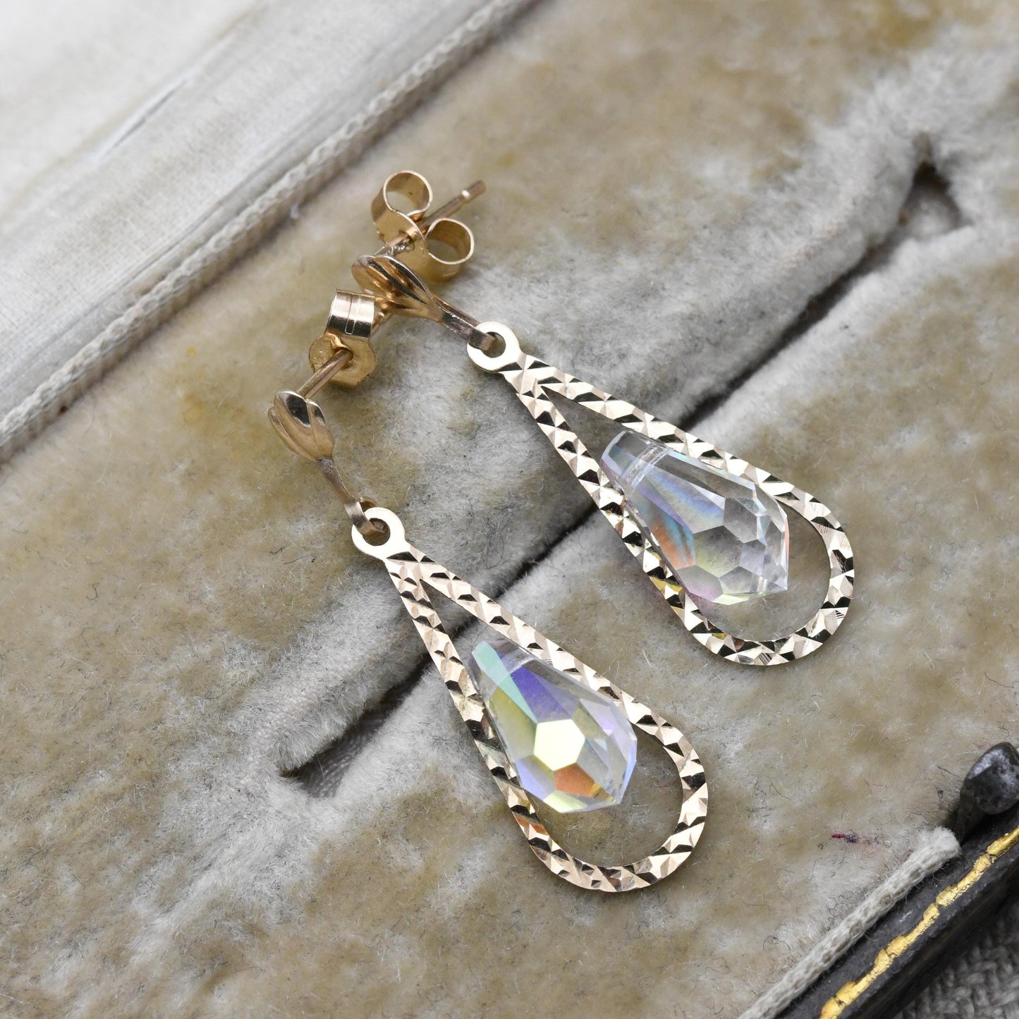 Vintage 9ct Gold AB Glass Drop Earrings - Teardrop Sparkly Large Stone | Gold Butterfly Backs