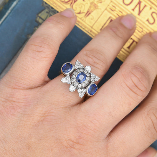 Vintage 18ct Gold Three Stone Sapphire and Diamond Ring 2.4ct - Mid-Century Statement Cocktail Ring Antique Conversion | Size UK N 1/2 US 7