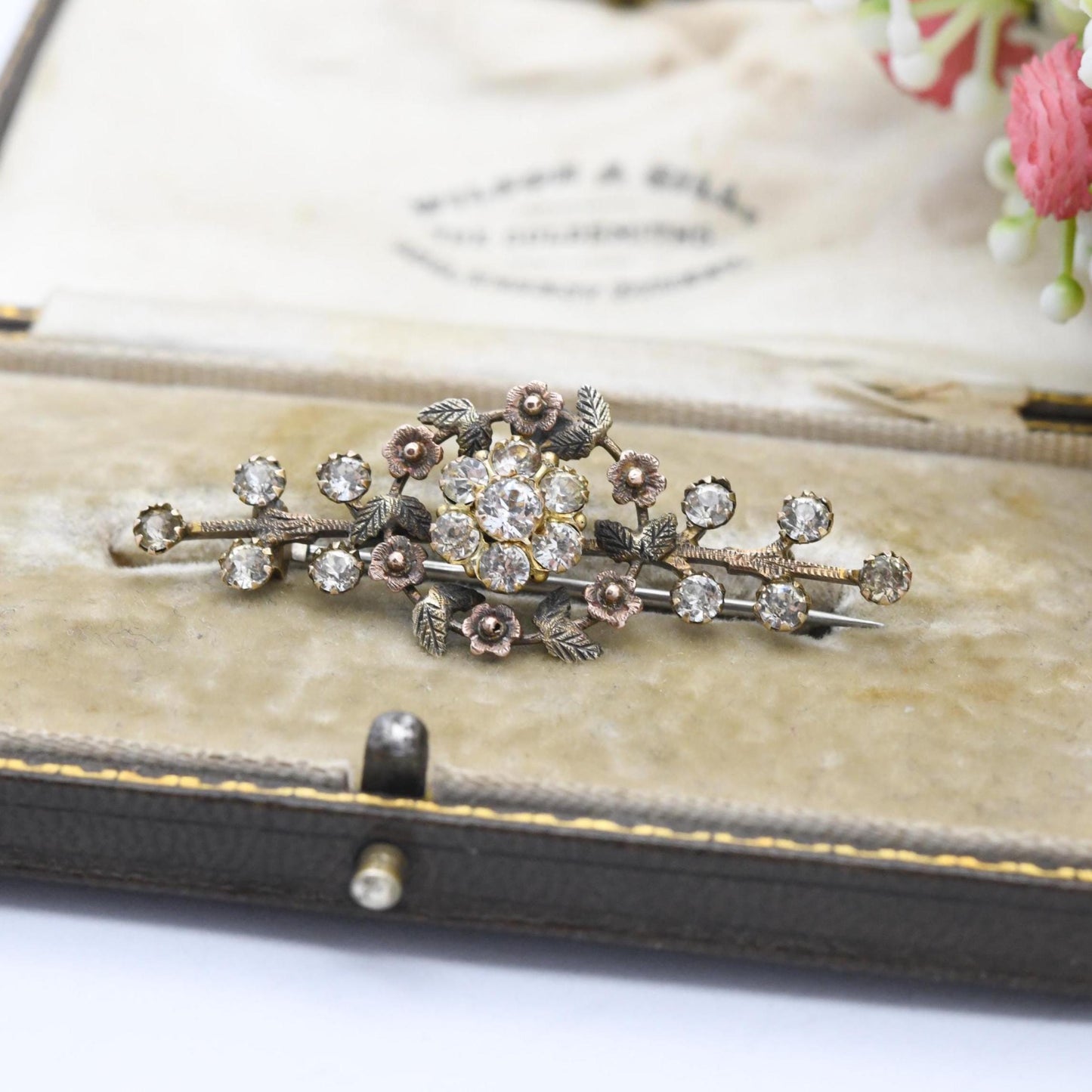 Antique Edwardian 9ct Gold Paste Flower Bar Brooch c. 1910s - Two Tone Yellow and Rose Gold Floral Brooch
