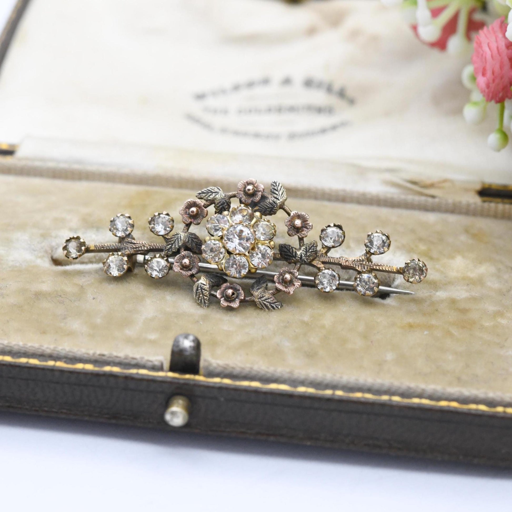 Antique Edwardian 9ct Gold Paste Flower Bar Brooch c. 1910s - Two Tone Yellow and Rose Gold Floral Brooch