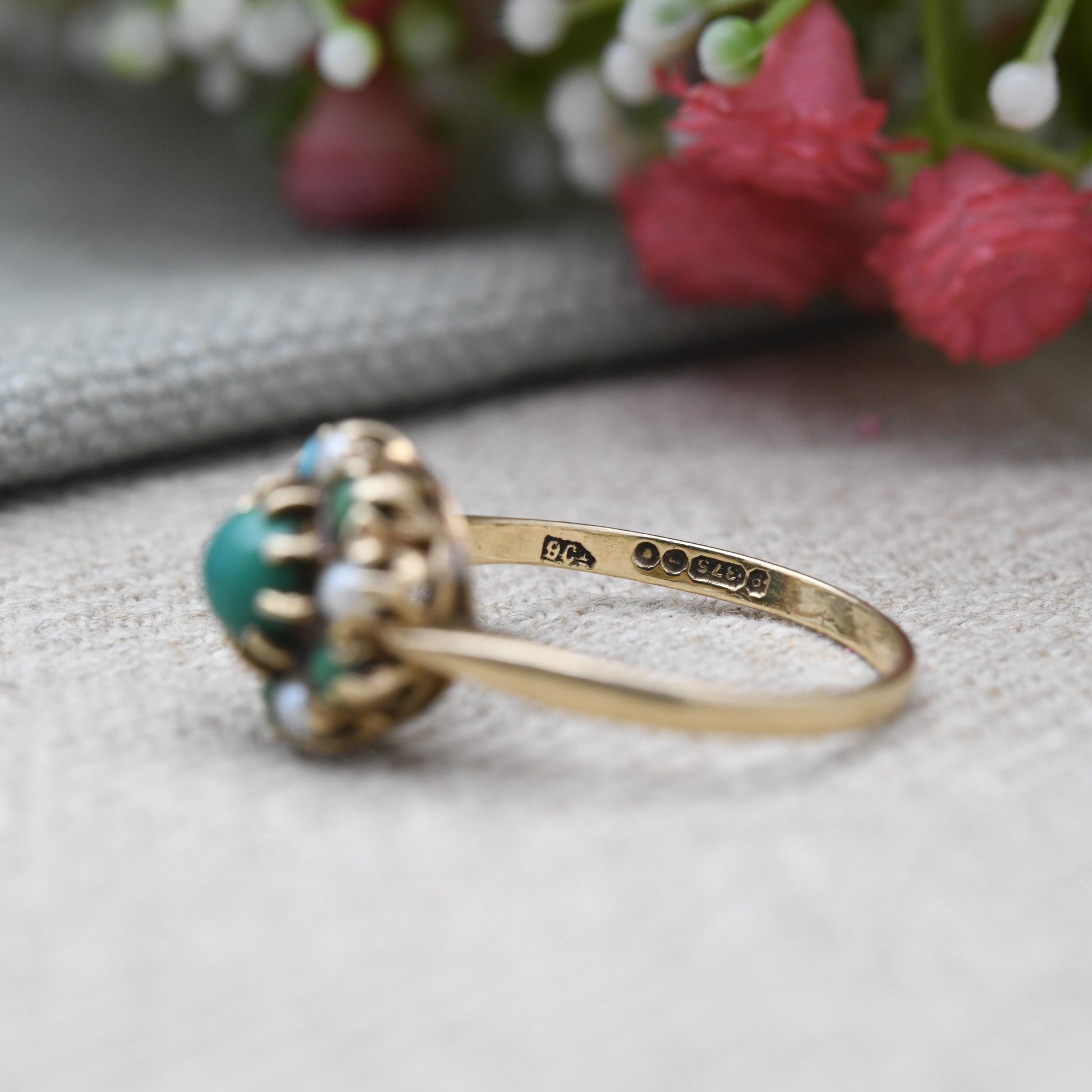 Vintage 9ct Gold Turquoise Cluster Ring 1968 Slade & Kempton - 1960s Jewellery Cluster Statement Ring Gift | UK Size - P 1/2 | US Size - 8