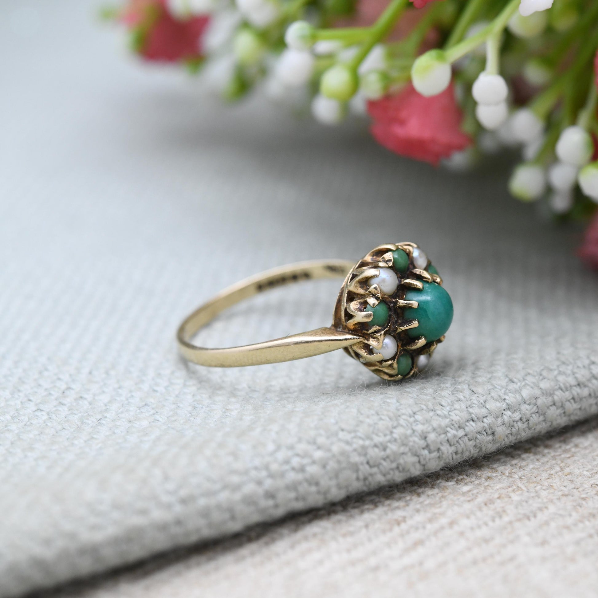 Vintage 9ct Gold Turquoise Cluster Ring 1968 Slade & Kempton - 1960s Jewellery Cluster Statement Ring Gift | UK Size - P 1/2 | US Size - 8