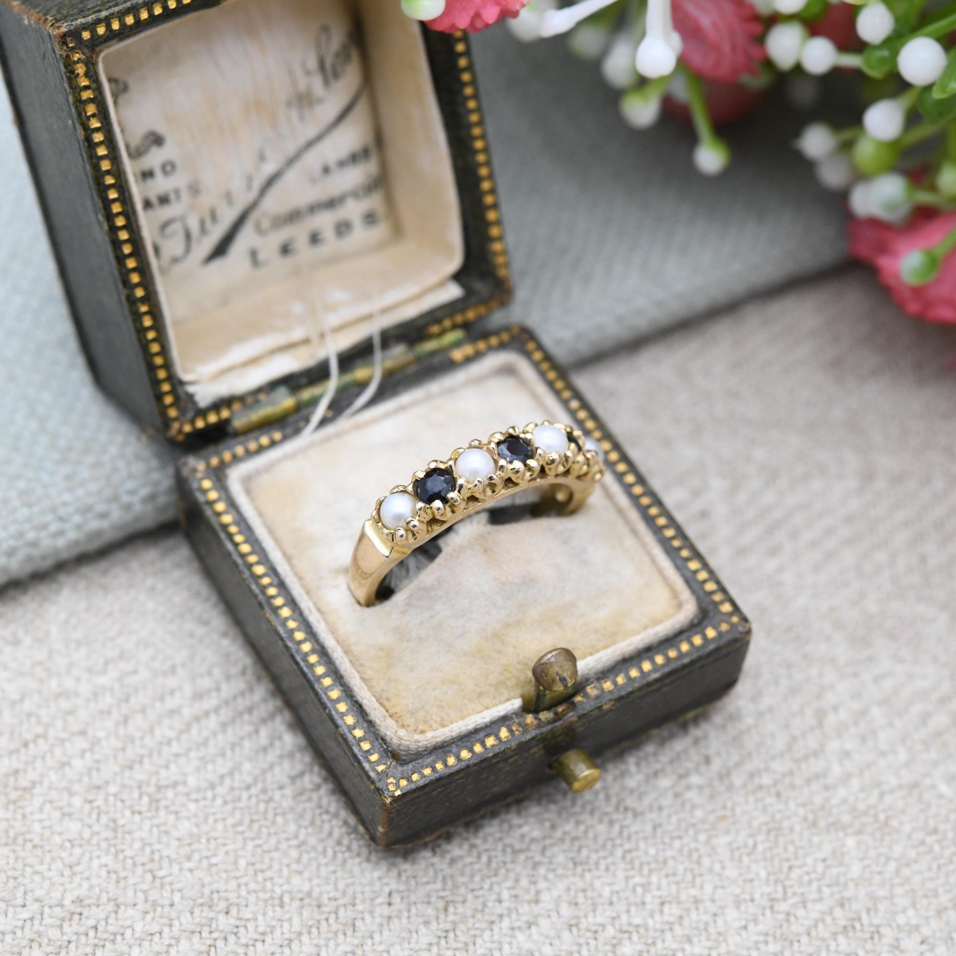 Vintage 9ct Gold Sapphire and Pearl Half Eternity Ring 1975 - Seven Stone Gemstone Half Hoop | UK Size - L 1/2 | US Size - 6 1/4