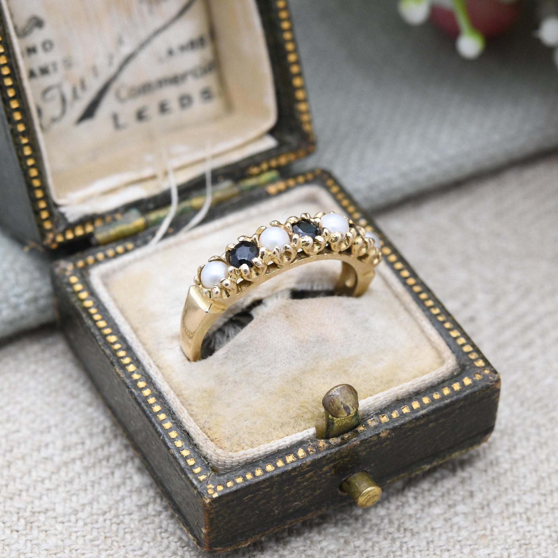 Vintage 9ct Gold Sapphire and Pearl Half Eternity Ring 1975 - Seven Stone Gemstone Half Hoop | UK Size - L 1/2 | US Size - 6 1/4