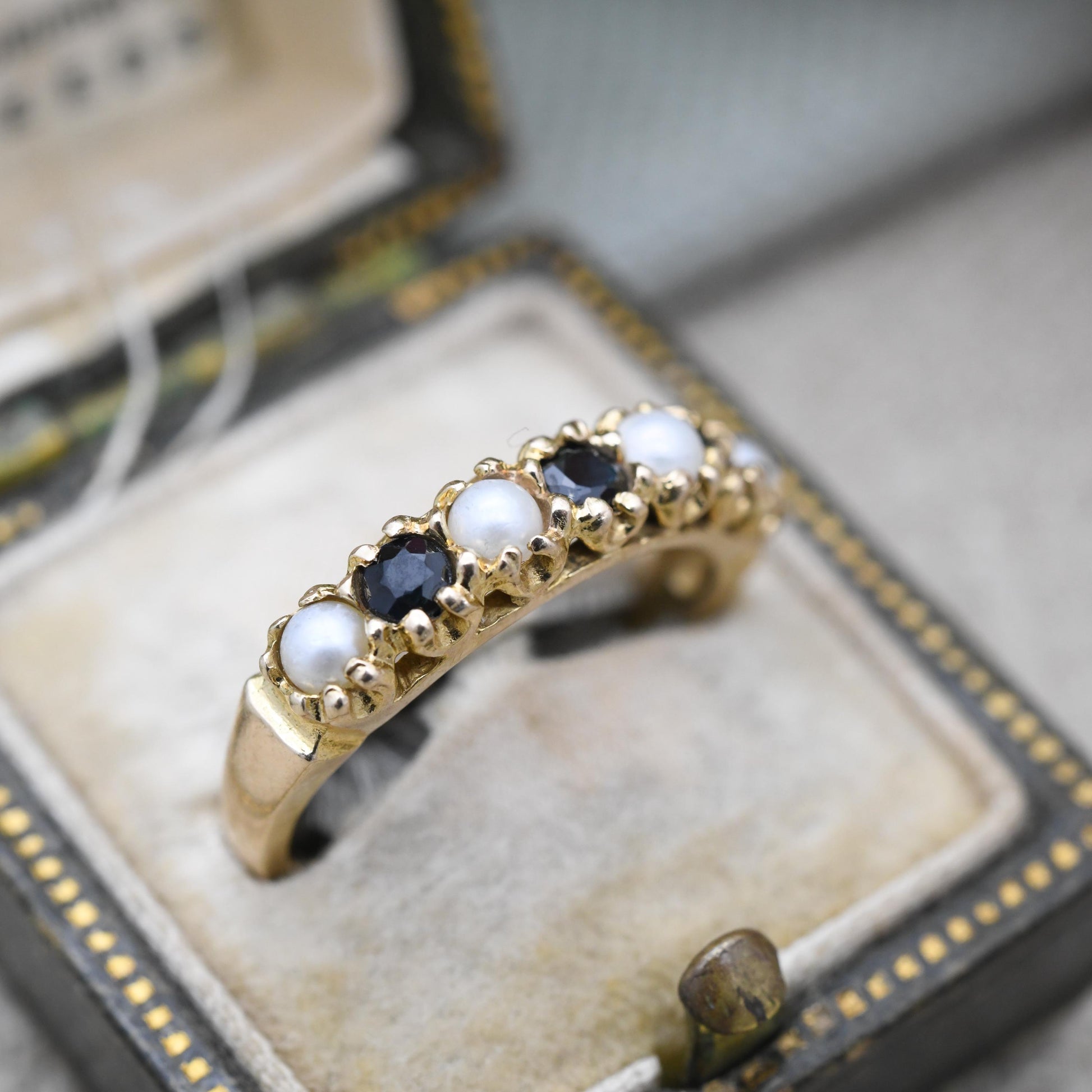 Vintage 9ct Gold Sapphire and Pearl Half Eternity Ring 1975 - Seven Stone Gemstone Half Hoop | UK Size - L 1/2 | US Size - 6 1/4