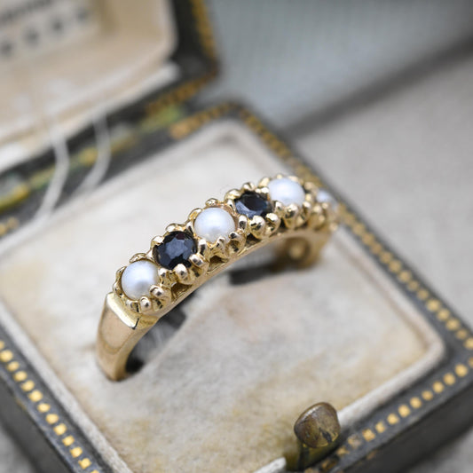 Vintage 9ct Gold Sapphire and Pearl Half Eternity Ring 1975 - Seven Stone Gemstone Half Hoop | UK Size - L 1/2 | US Size - 6 1/4