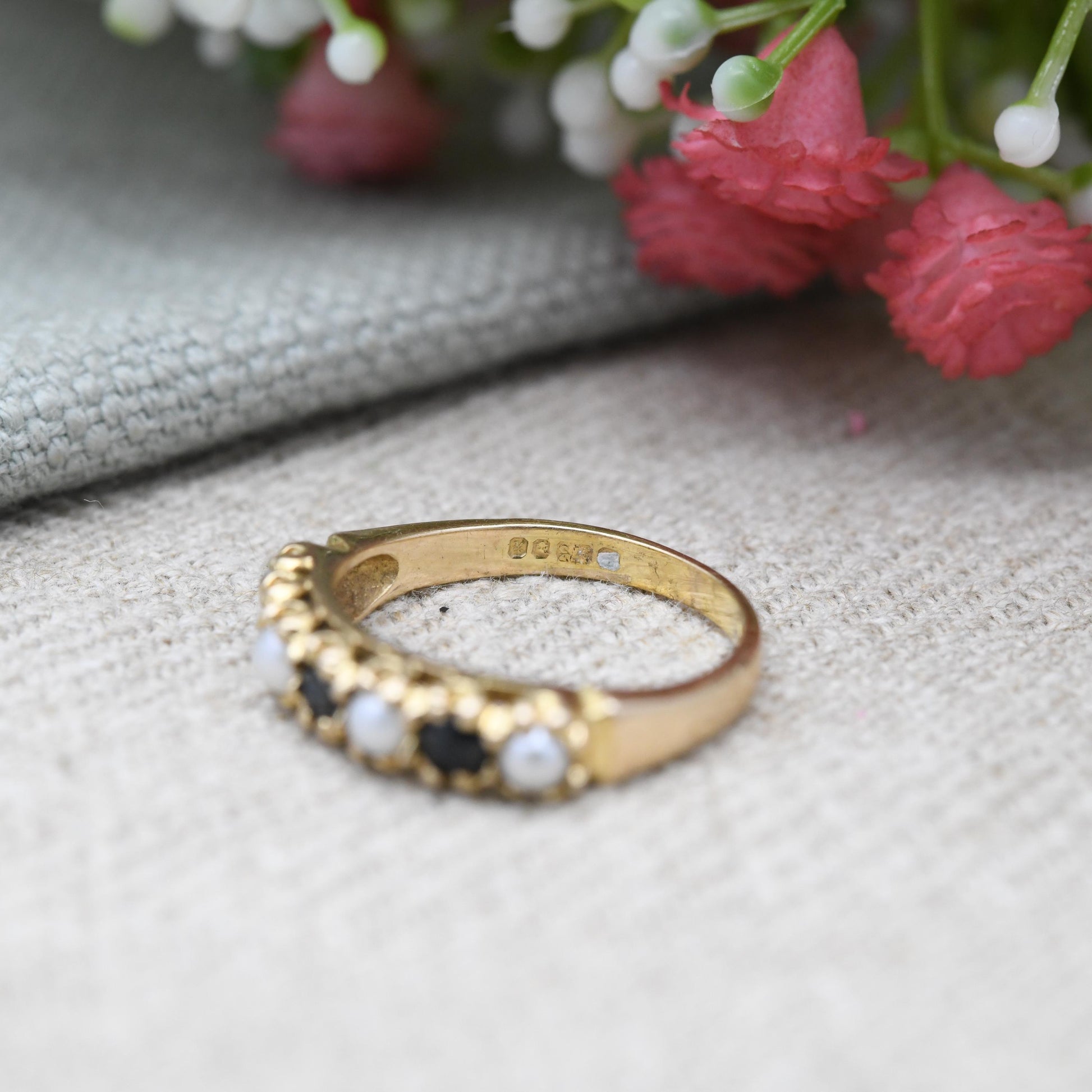 Vintage 9ct Gold Sapphire and Pearl Half Eternity Ring 1975 - Seven Stone Gemstone Half Hoop | UK Size - L 1/2 | US Size - 6 1/4