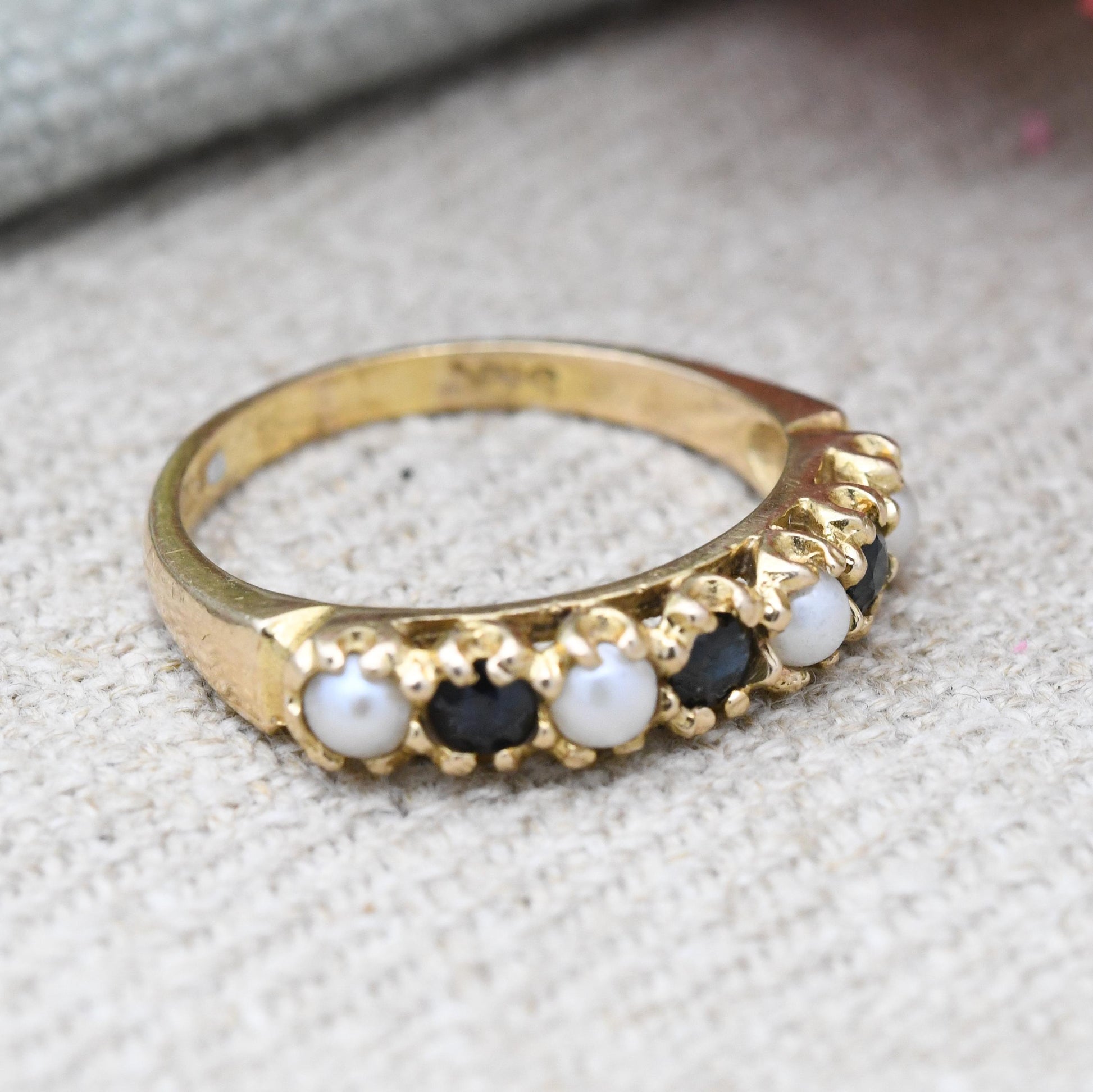 Vintage 9ct Gold Sapphire and Pearl Half Eternity Ring 1975 - Seven Stone Gemstone Half Hoop | UK Size - L 1/2 | US Size - 6 1/4