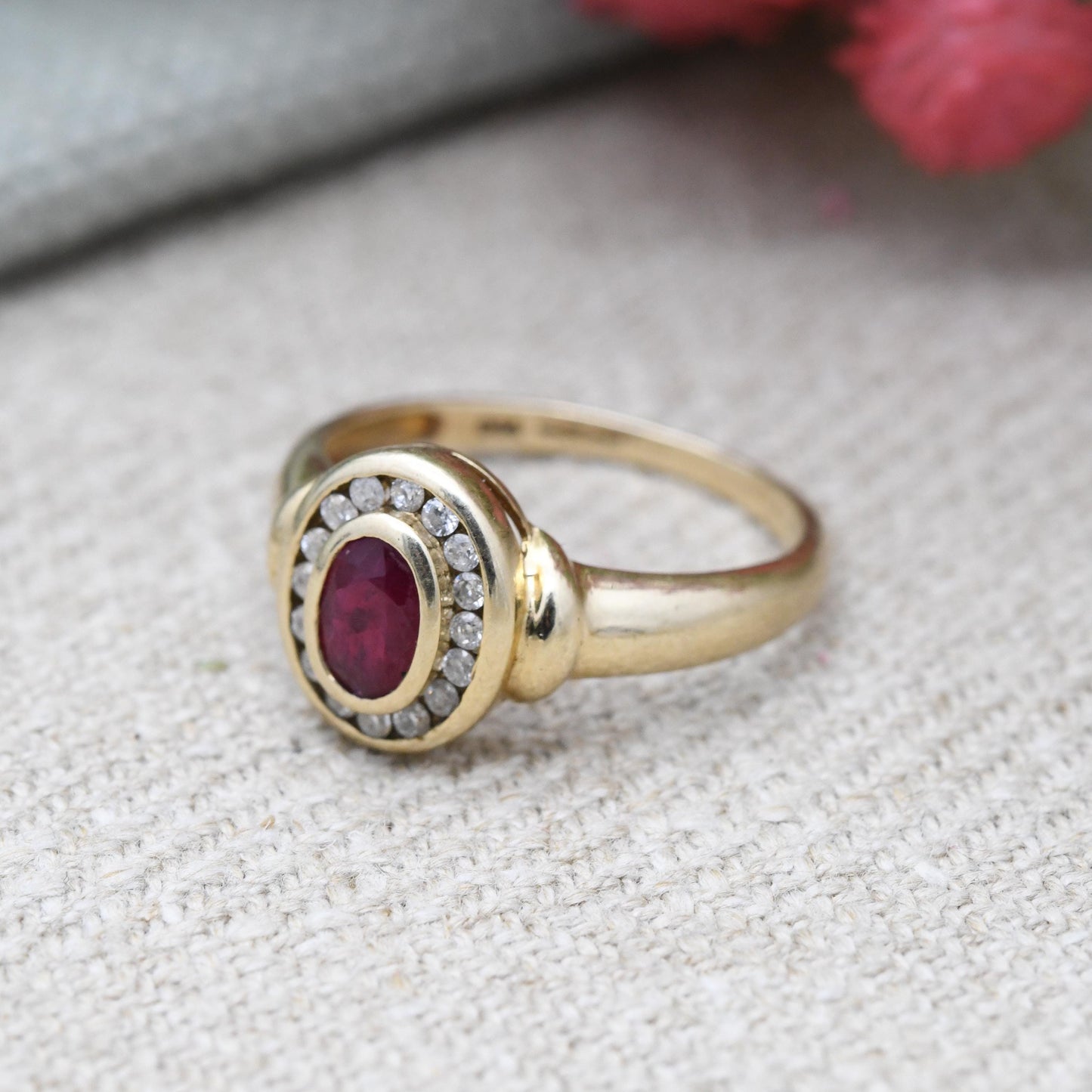 Vintage 9ct Gold Ruby Cluster Ring with Diamond Halo - Floral Daisy Pretty Gold Jewellery Gift for Her | UK Size - M | US Size - 6 1/2