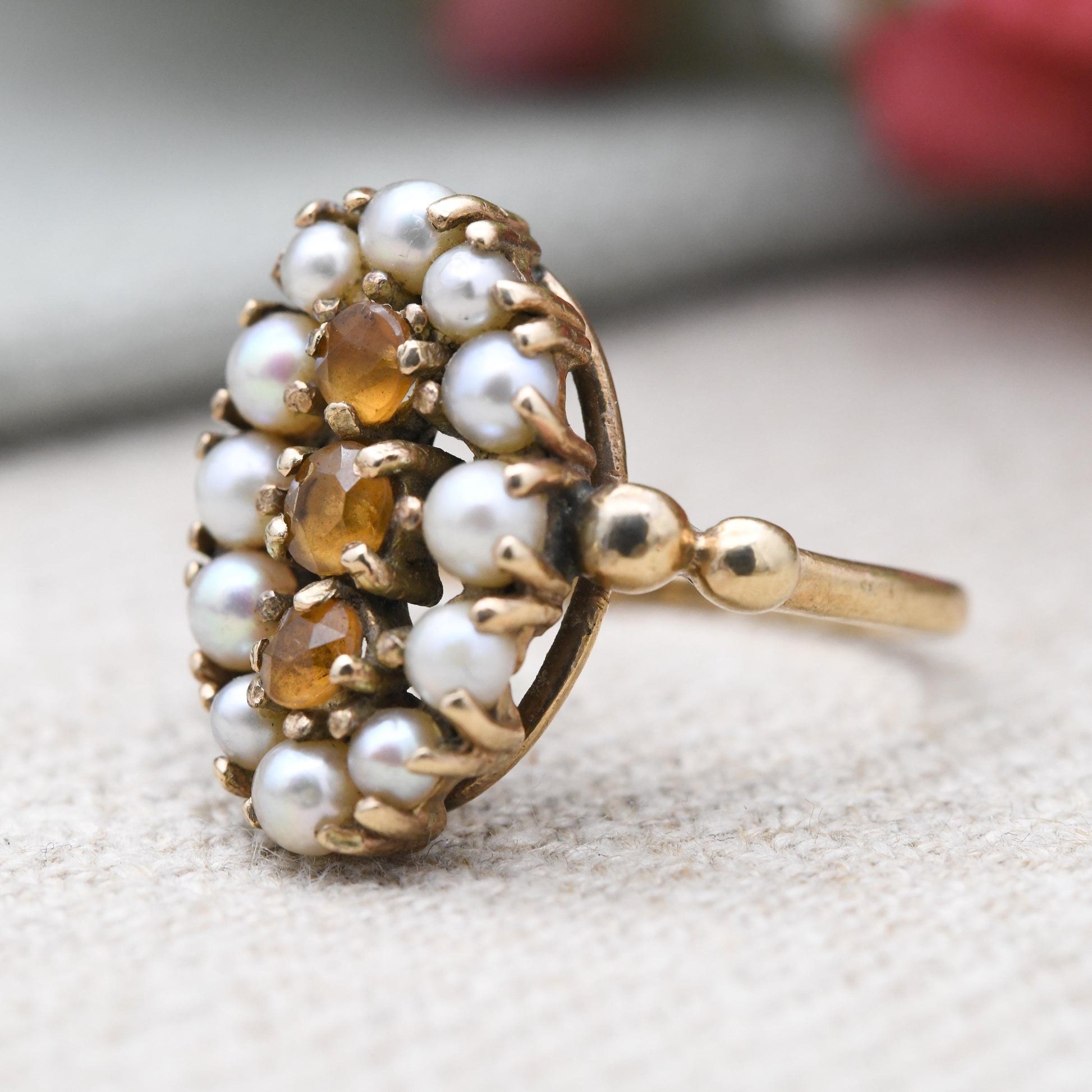 Vintage 9ct Gold Citrine and Pearl Statement Cluster Ring 2003 - Mid-Century Victorian Revival Antique Style | UK Size - 0 | US Size - 7 1/4
