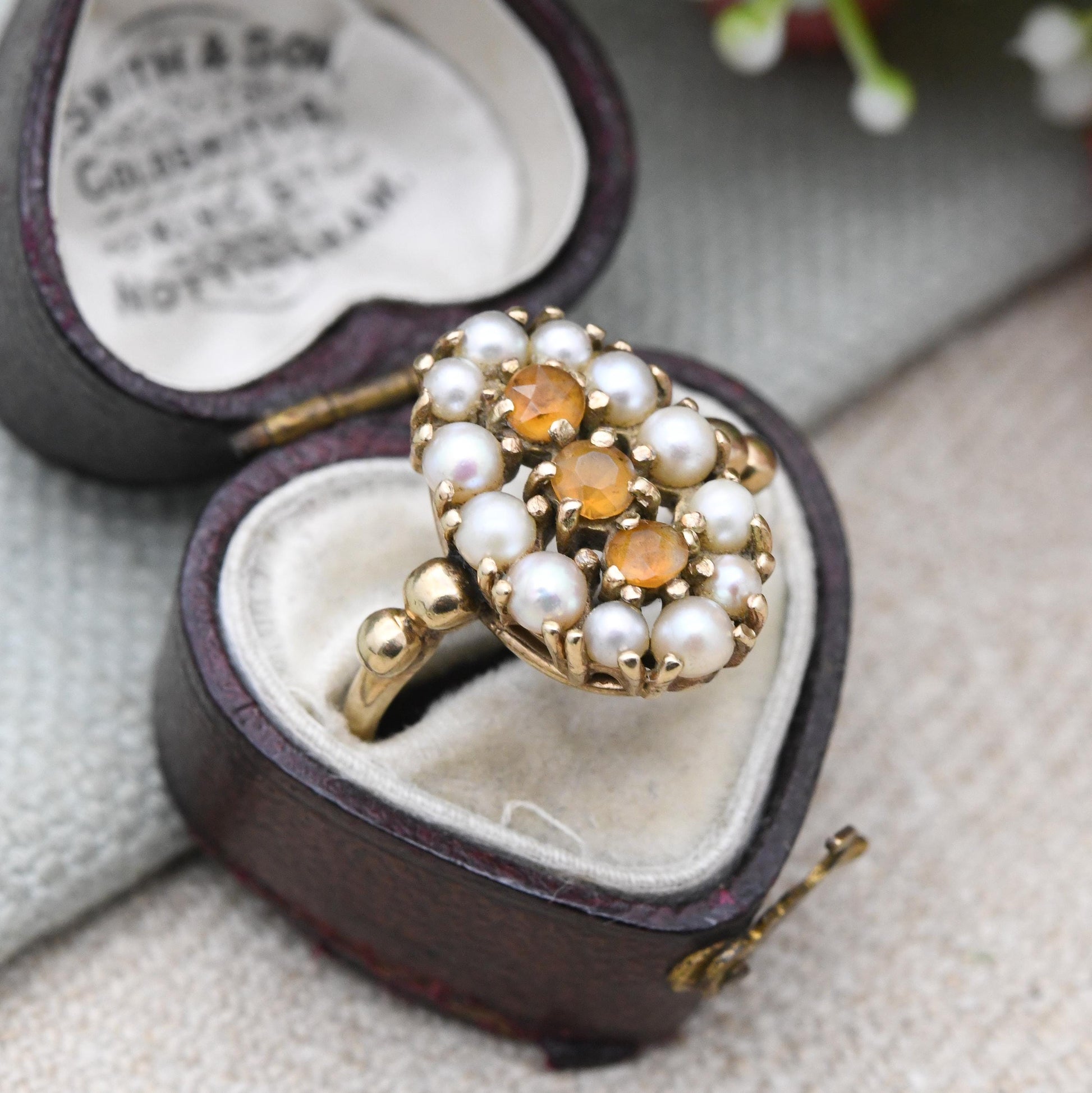 Vintage 9ct Gold Citrine and Pearl Statement Cluster Ring 2003 - Mid-Century Victorian Revival Antique Style | UK Size - 0 | US Size - 7 1/4