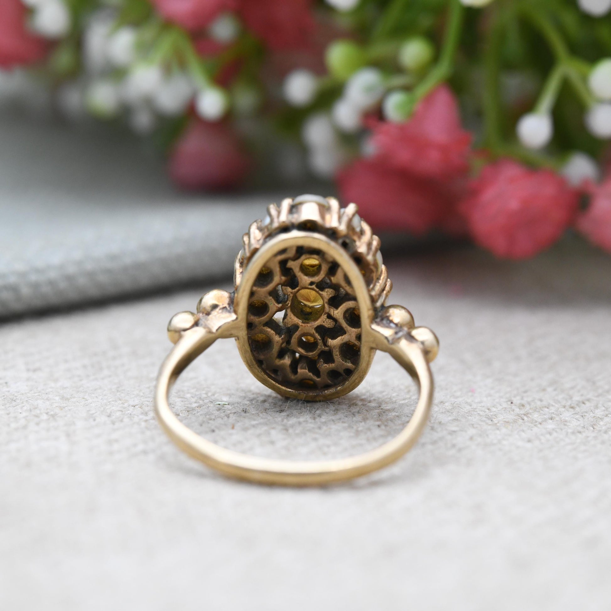Vintage 9ct Gold Citrine and Pearl Statement Cluster Ring 2003 - Mid-Century Victorian Revival Antique Style | UK Size - 0 | US Size - 7 1/4