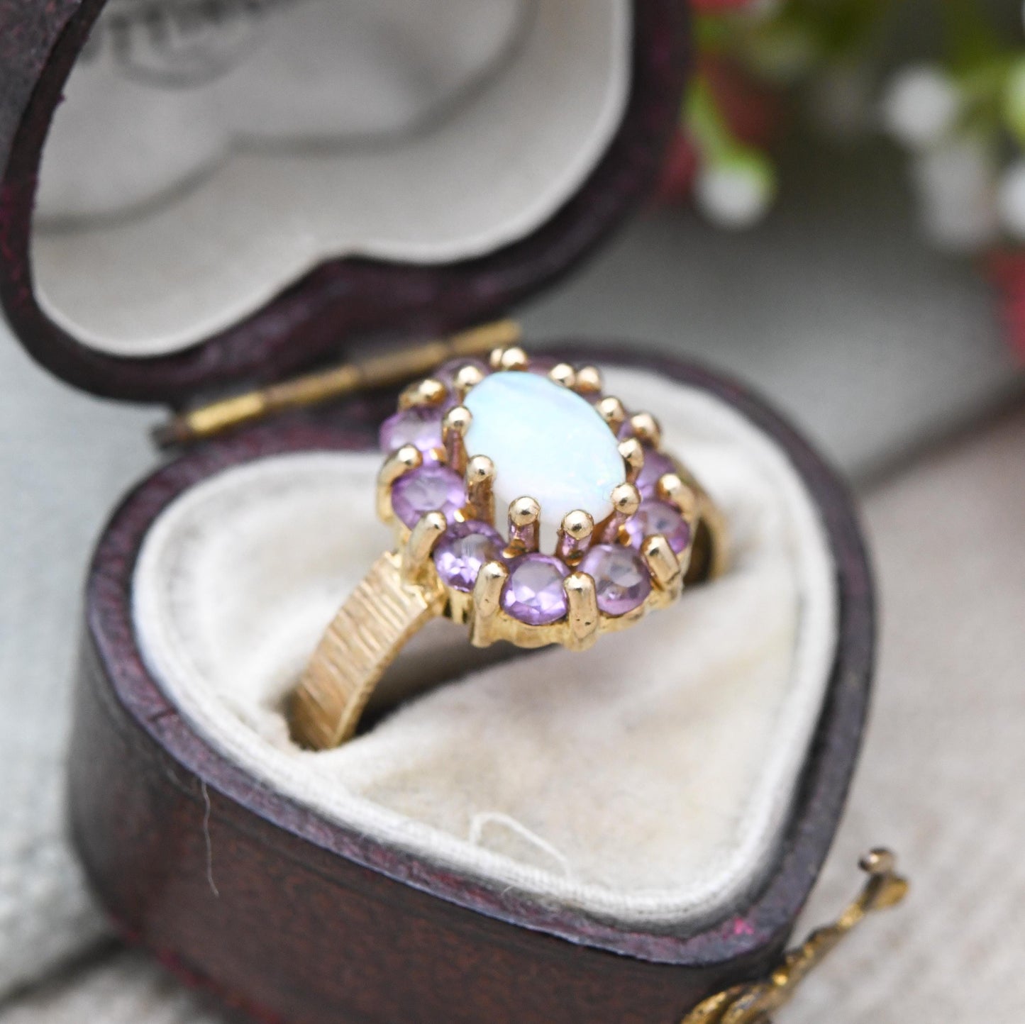 Vintage 9ct Gold Opal Amethyst Floral Cluster Ring 1975 - Pretty Mid-Century Flower Ring with Purple Halo | UK Size - K 1/2 | US Size 5 3/4