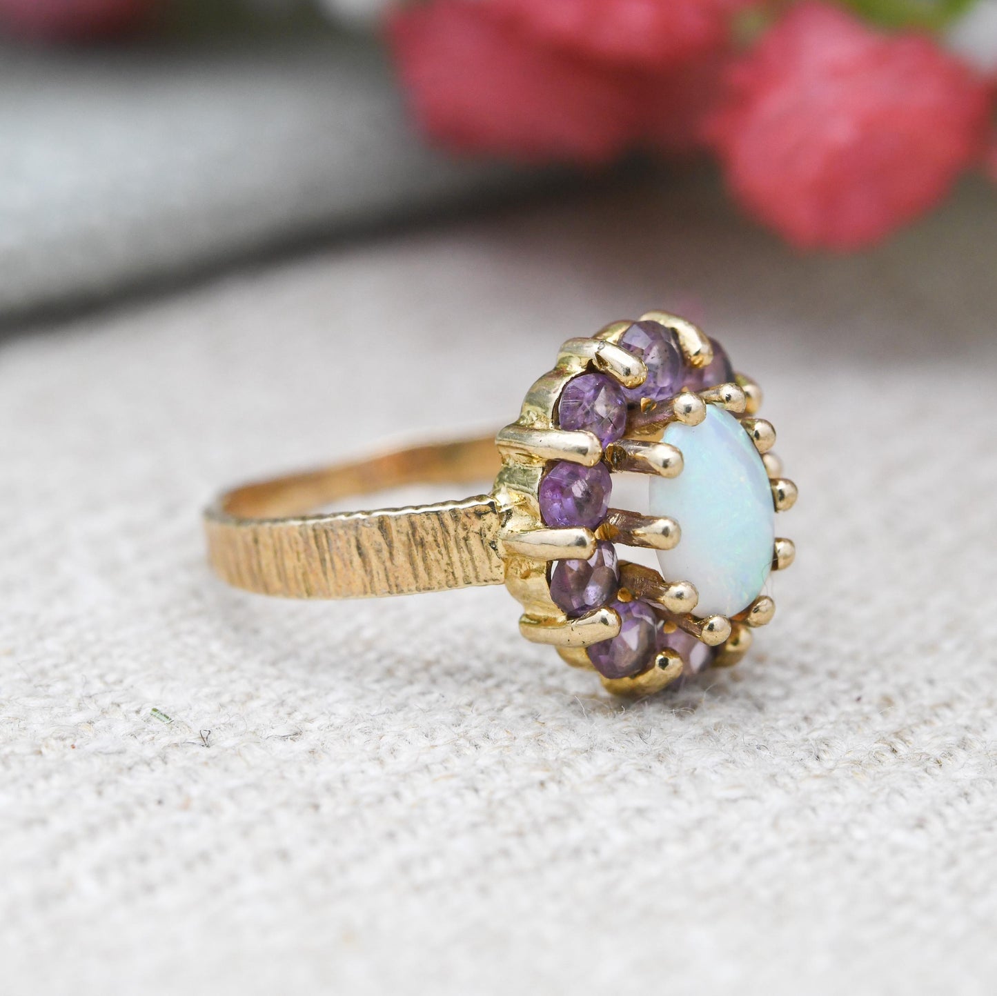 Vintage 9ct Gold Opal Amethyst Floral Cluster Ring 1975 - Pretty Mid-Century Flower Ring with Purple Halo | UK Size - K 1/2 | US Size 5 3/4