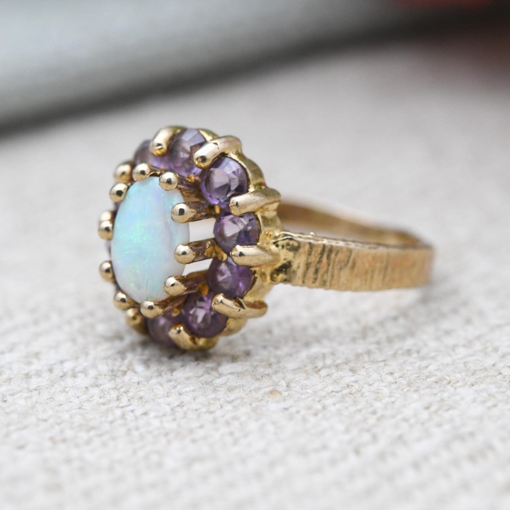 Vintage 9ct Gold Opal Amethyst Floral Cluster Ring 1975 - Pretty Mid-Century Flower Ring with Purple Halo | UK Size - K 1/2 | US Size 5 3/4