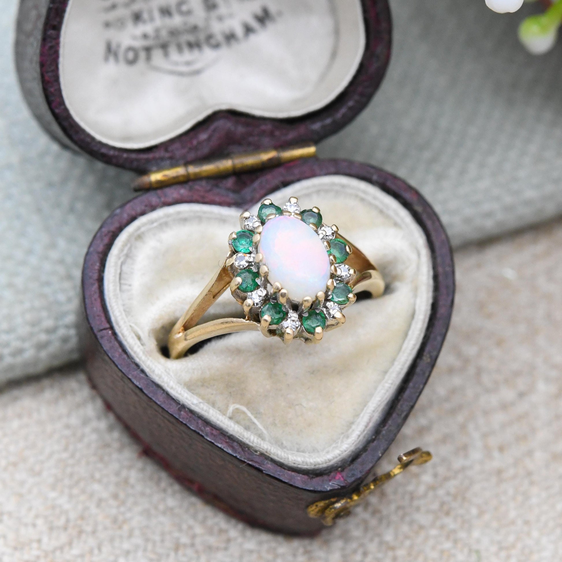 Vintage 9ct Gold Opal Emerald Diamond Halo Ring 1988 - 1980s Edwardian Style | White and Green Gemstone Gift | UK Size - J | US Size - 5