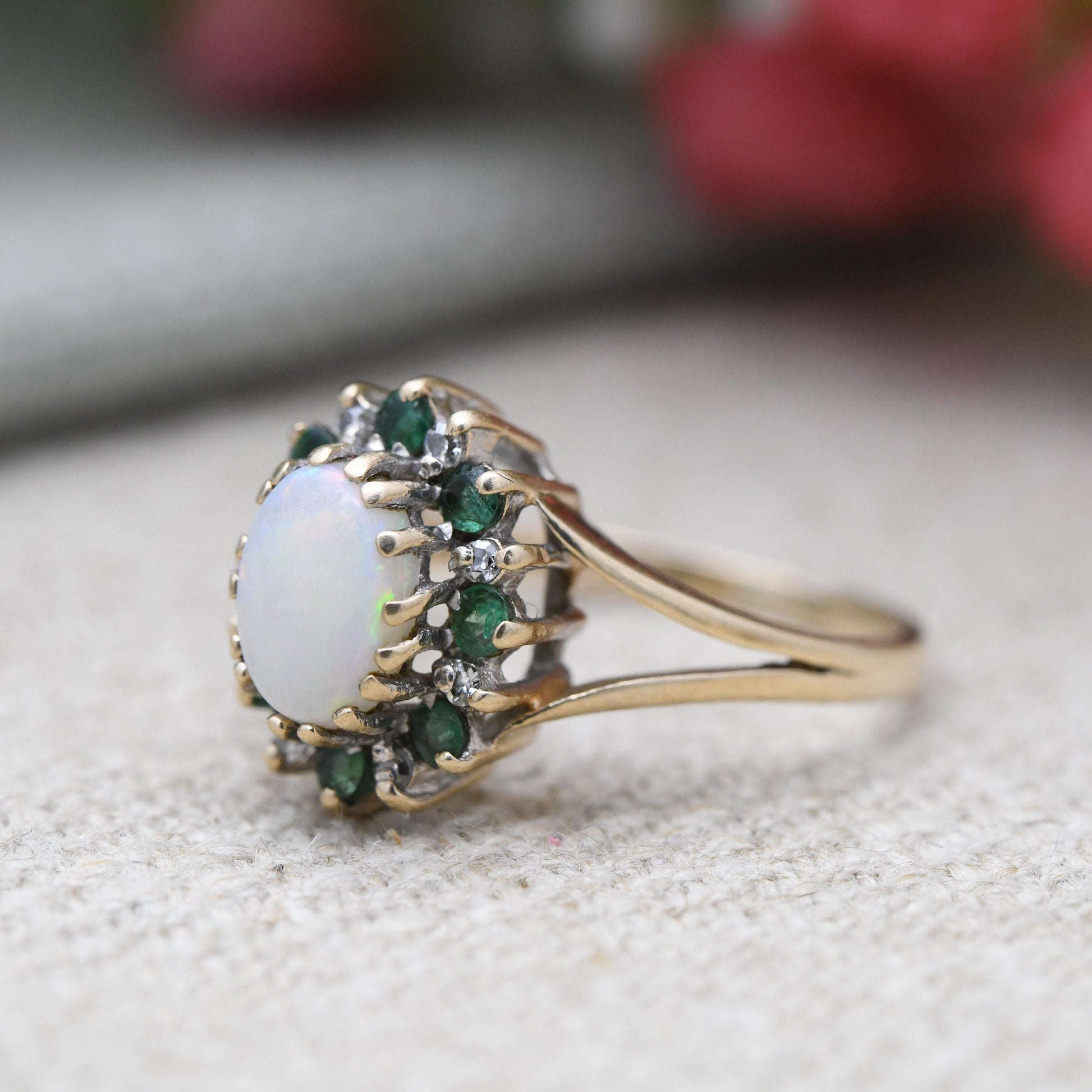 Vintage 9ct Gold Opal Emerald Diamond Halo Ring 1988 - 1980s Edwardian Style | White and Green Gemstone Gift | UK Size - J | US Size - 5