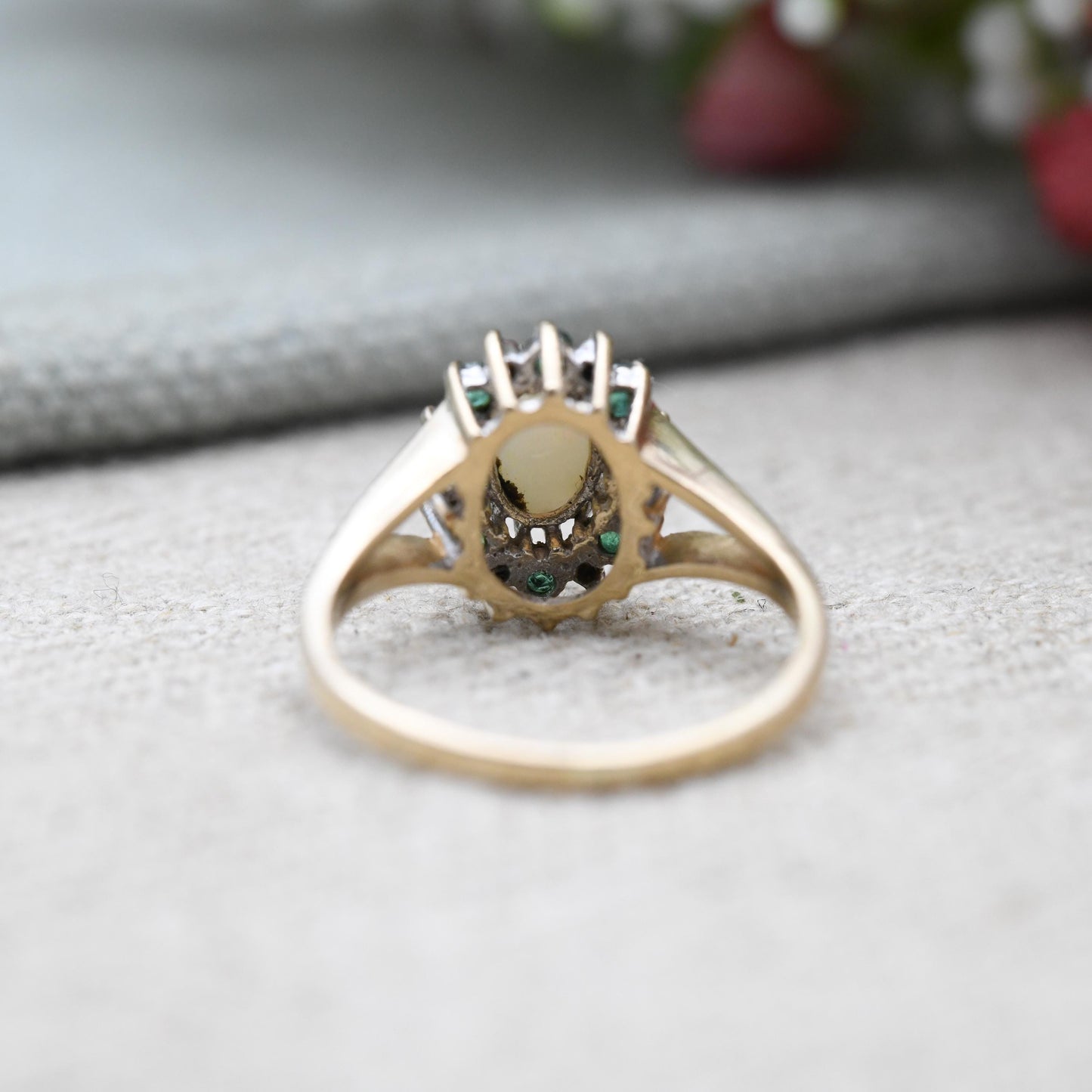 Vintage 9ct Gold Opal Emerald Diamond Halo Ring 1988 - 1980s Edwardian Style | White and Green Gemstone Gift | UK Size - J | US Size - 5