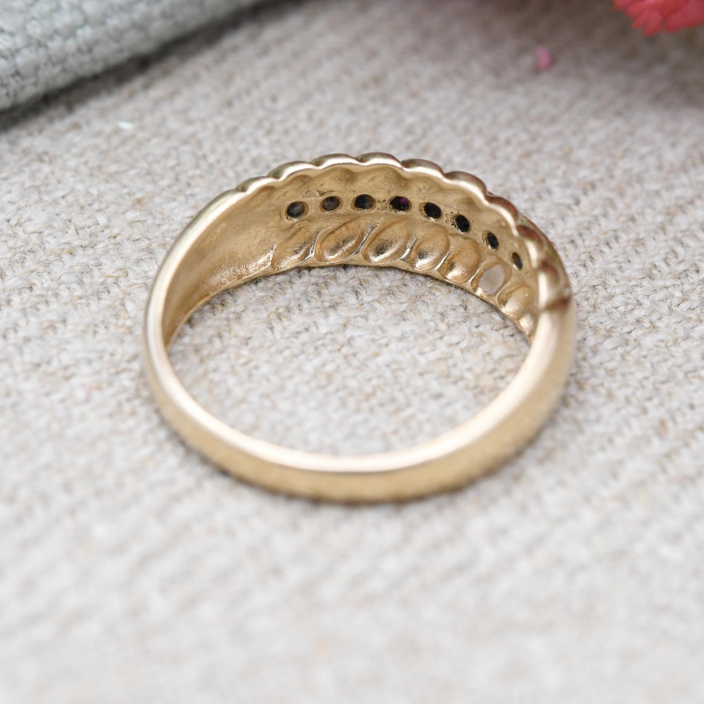 Vintage 9ct Gold Ruby Half Eternity Ring 1990's - Beautiful Flush Set Channel Ruby Ring | Rope Twist Design | UK Size - R | US Size - 8 3/4