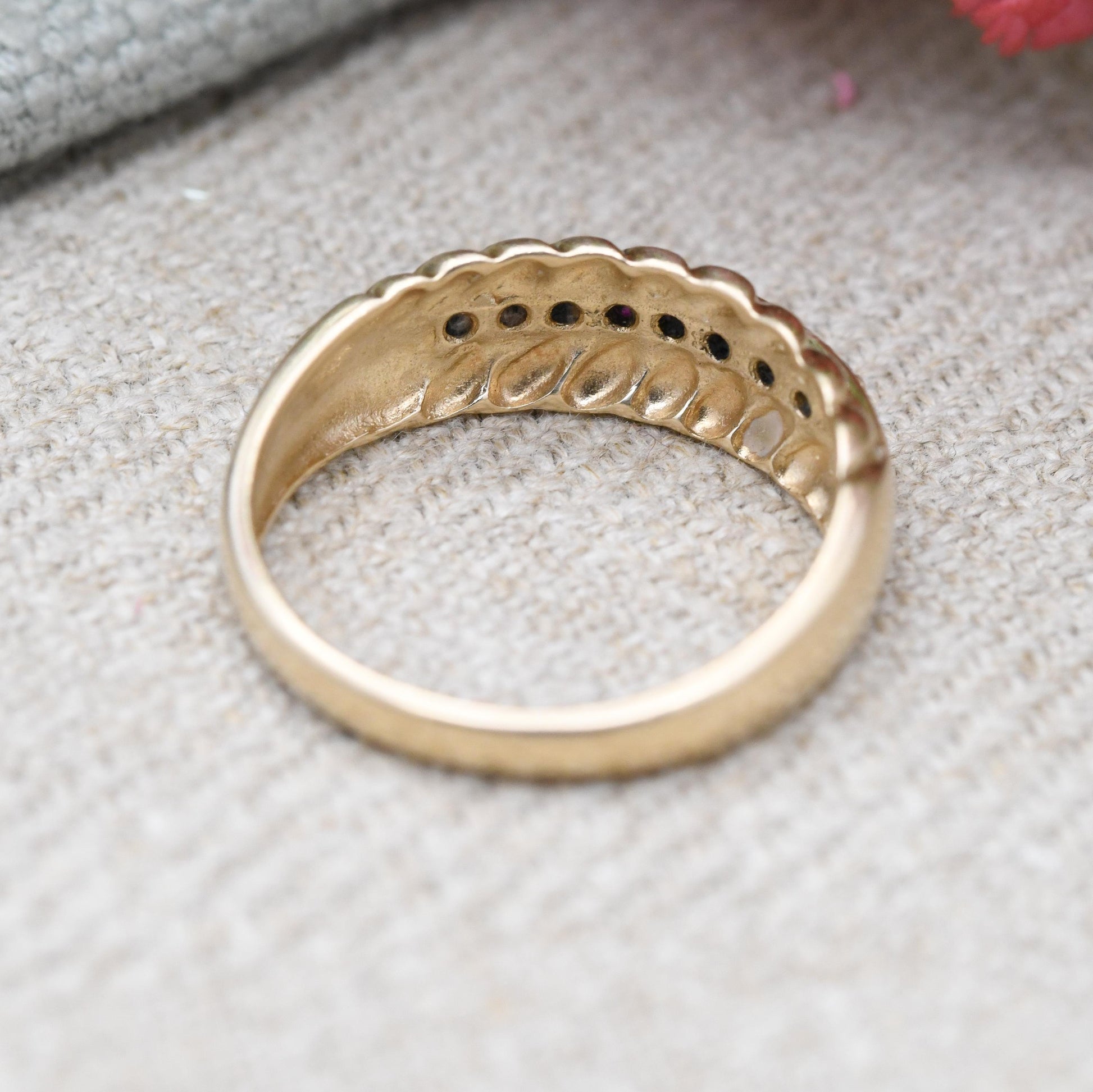 Vintage 9ct Gold Ruby Half Eternity Ring 1990's - Beautiful Flush Set Channel Ruby Ring | Rope Twist Design | UK Size - R | US Size - 8 3/4