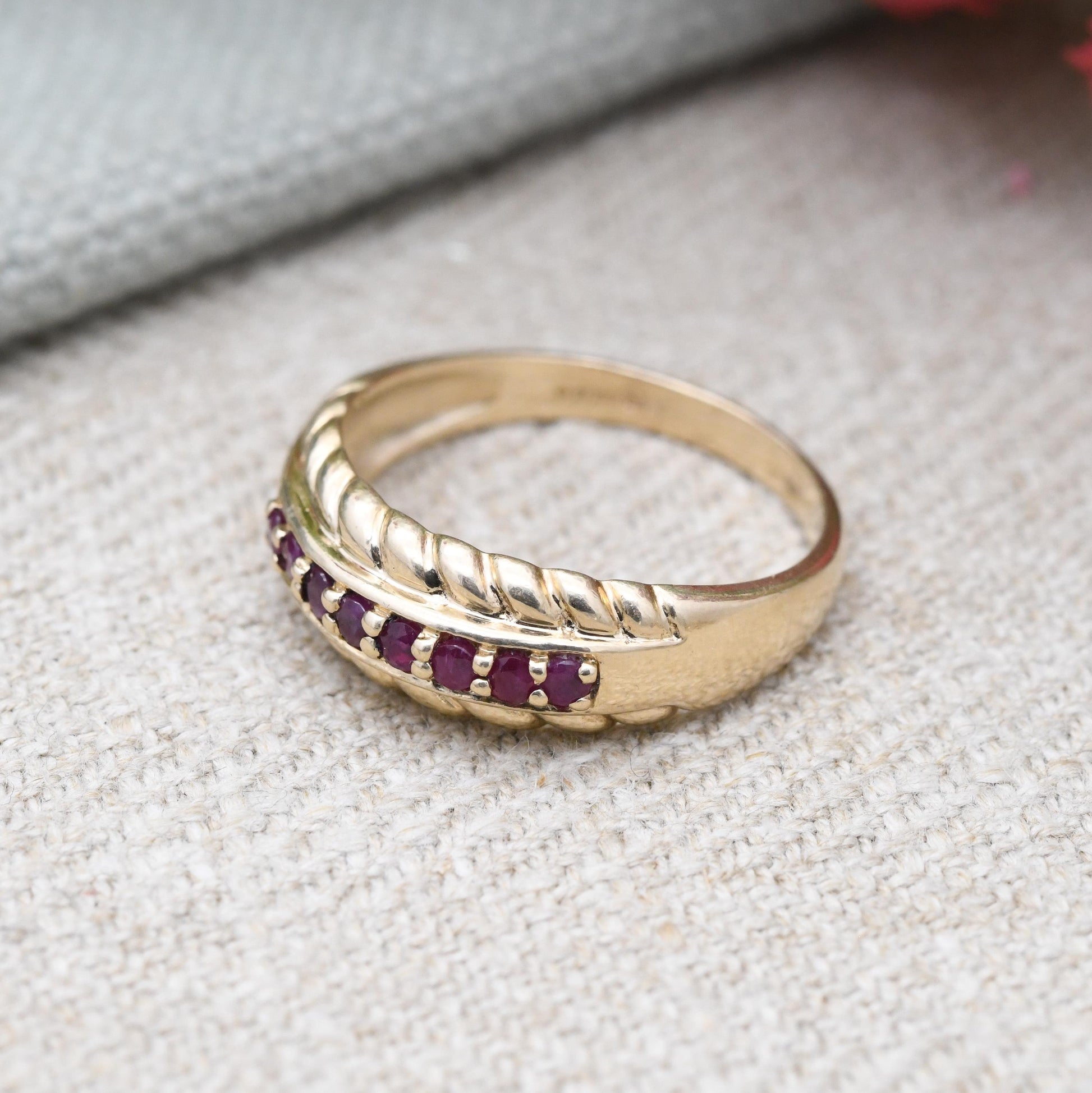 Vintage 9ct Gold Ruby Half Eternity Ring 1990's - Beautiful Flush Set Channel Ruby Ring | Rope Twist Design | UK Size - R | US Size - 8 3/4