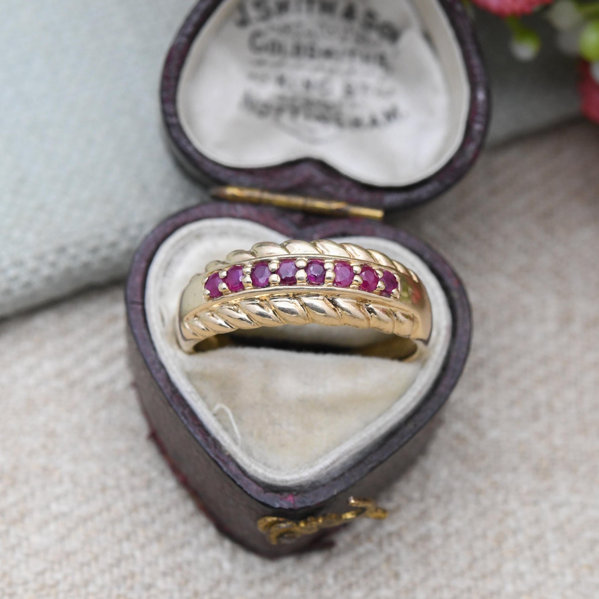Vintage 9ct Gold Ruby Half Eternity Ring 1990's - Beautiful Flush Set Channel Ruby Ring | Rope Twist Design | UK Size - R | US Size - 8 3/4