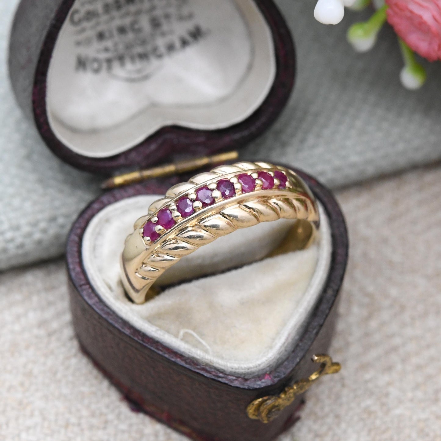 Vintage 9ct Gold Ruby Half Eternity Ring 1990's - Beautiful Flush Set Channel Ruby Ring | Rope Twist Design | UK Size - R | US Size - 8 3/4