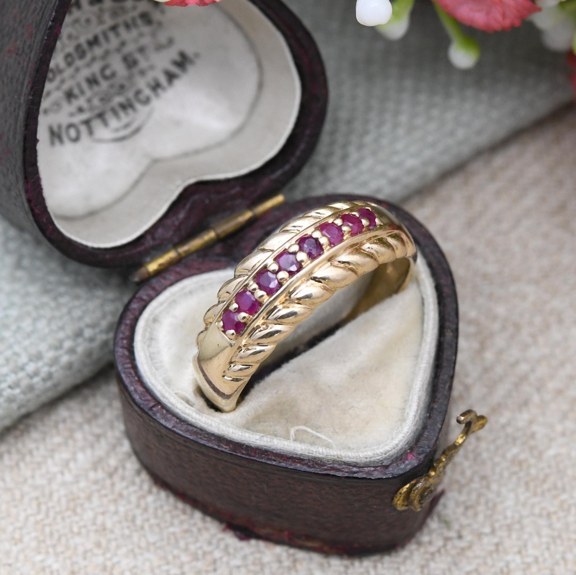 Vintage 9ct Gold Ruby Half Eternity Ring 1990's - Beautiful Flush Set Channel Ruby Ring | Rope Twist Design | UK Size - R | US Size - 8 3/4