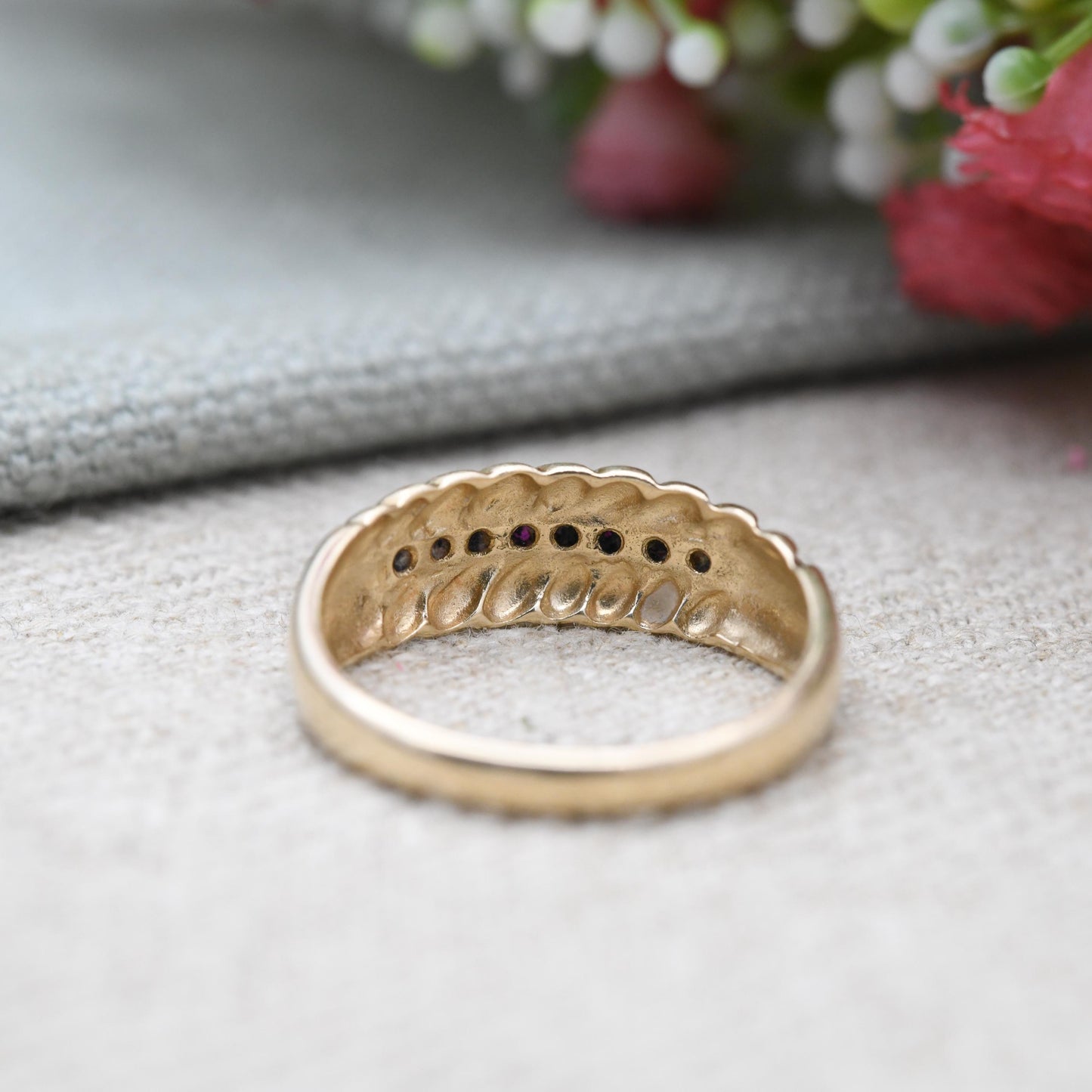 Vintage 9ct Gold Ruby Half Eternity Ring 1990's - Beautiful Flush Set Channel Ruby Ring | Rope Twist Design | UK Size - R | US Size - 8 3/4