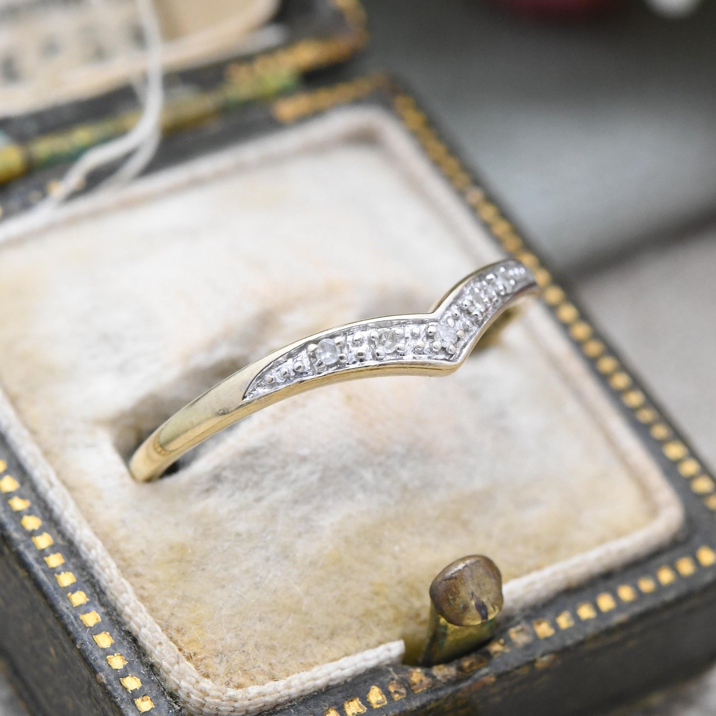 9ct Gold and Diamond Delicate Wishbone Ring - Yellow Gold V Shaped Band Ring | UK Size - P | US Size - 7 3/4