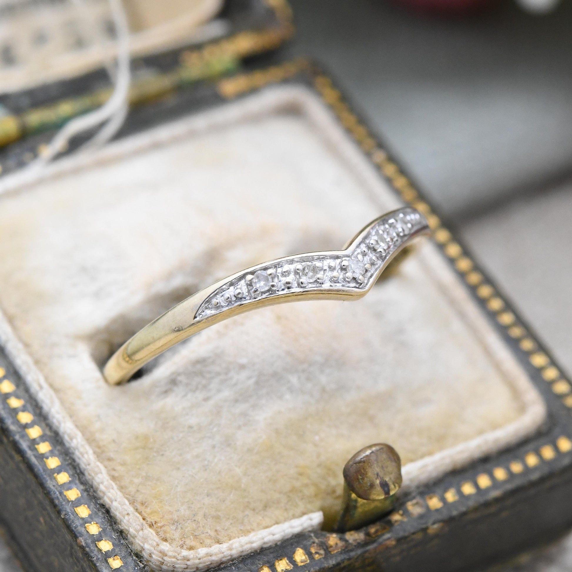9ct Gold and Diamond Delicate Wishbone Ring - Yellow Gold V Shaped Band Ring | UK Size - P | US Size - 7 3/4