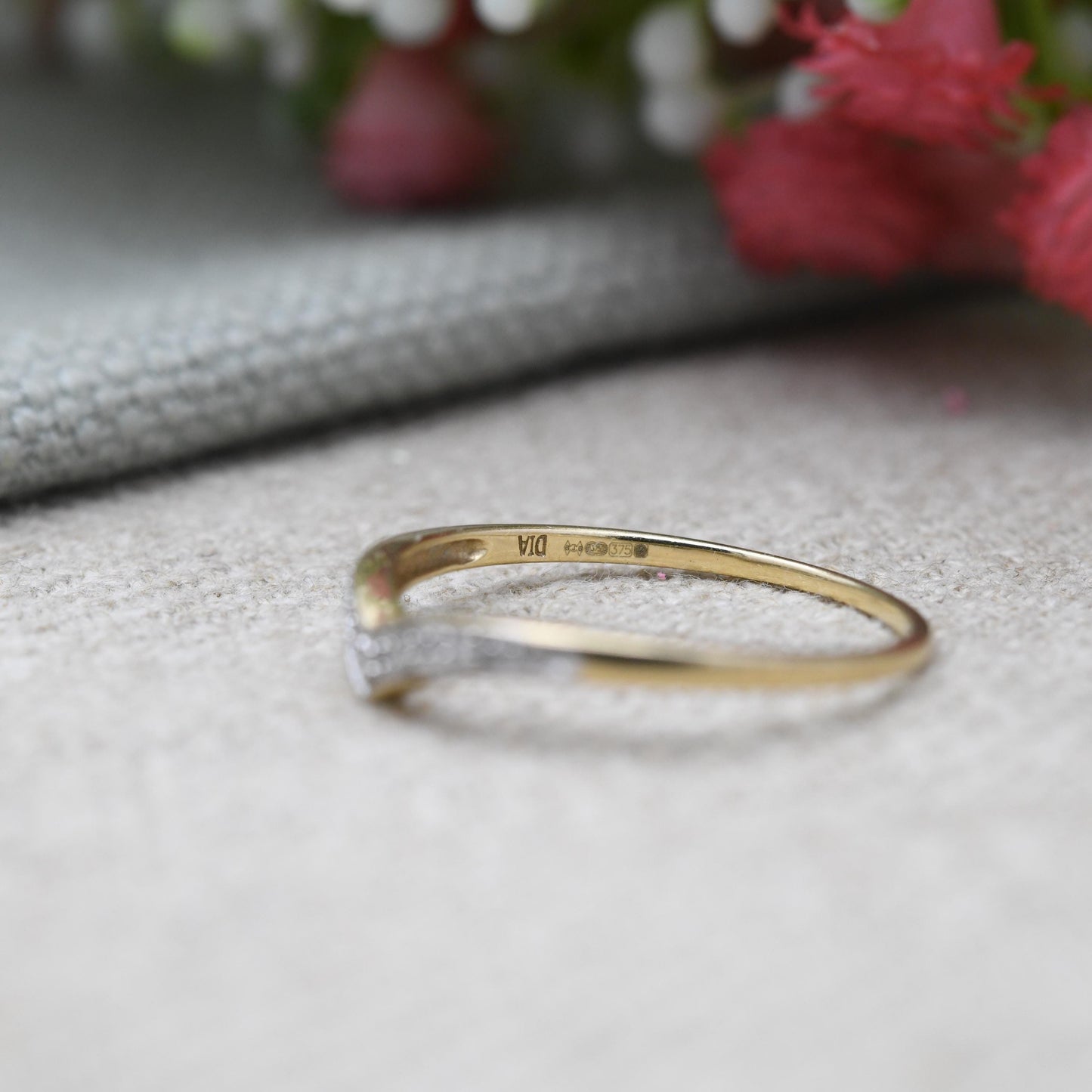 9ct Gold and Diamond Delicate Wishbone Ring - Yellow Gold V Shaped Band Ring | UK Size - P | US Size - 7 3/4