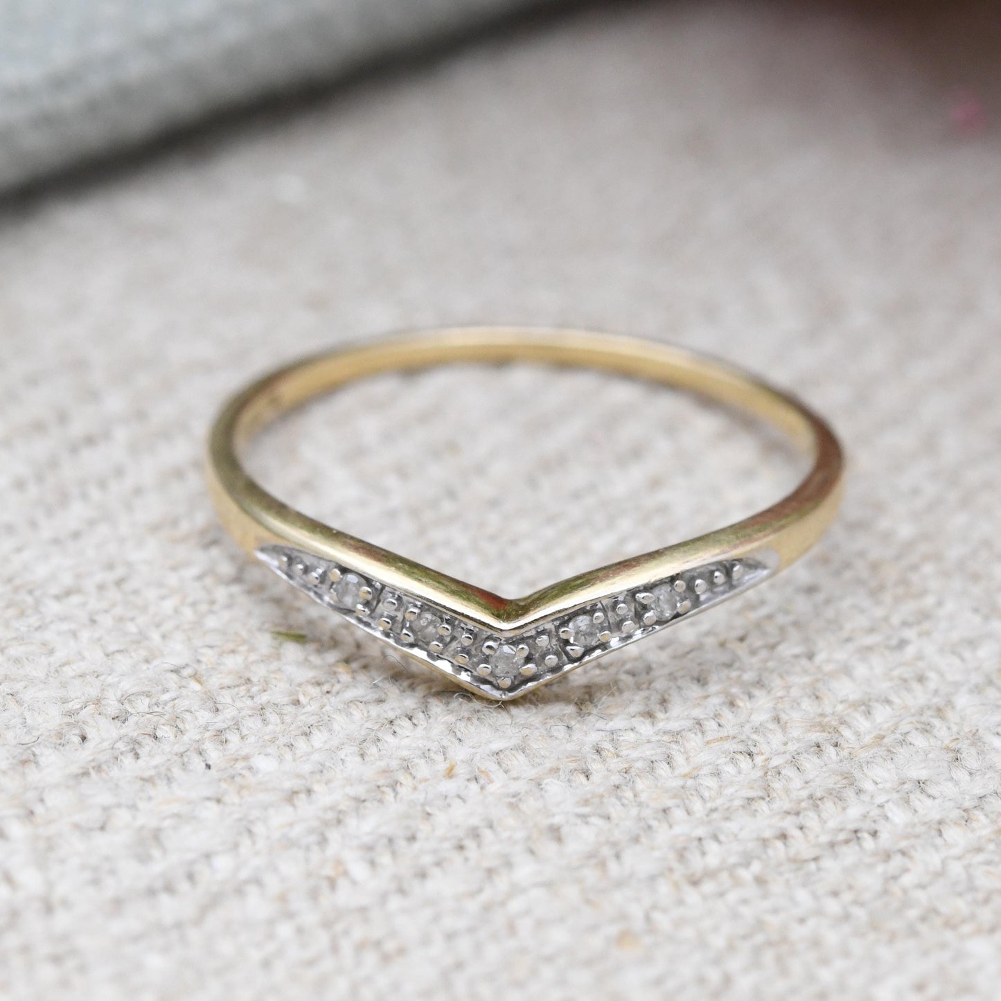 9ct Gold and Diamond Delicate Wishbone Ring - Yellow Gold V Shaped Band Ring | UK Size - P | US Size - 7 3/4