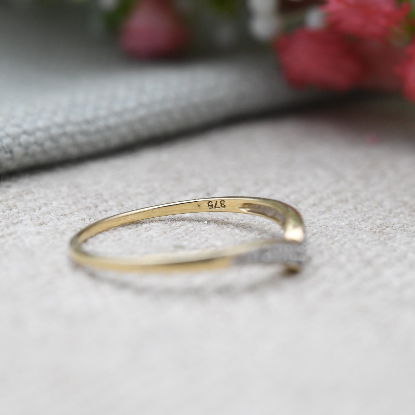 9ct Gold and Diamond Delicate Wishbone Ring - Yellow Gold V Shaped Band Ring | UK Size - P | US Size - 7 3/4