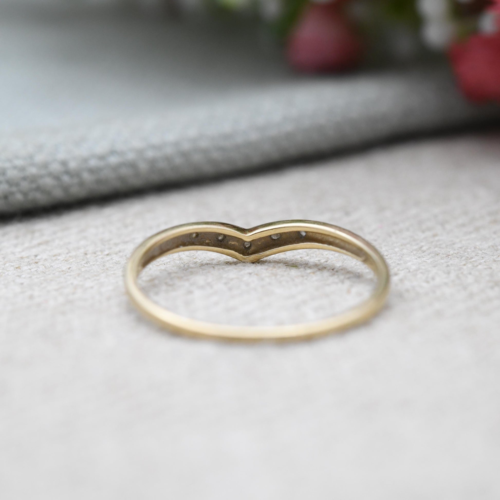 9ct Gold and Diamond Delicate Wishbone Ring - Yellow Gold V Shaped Band Ring | UK Size - P | US Size - 7 3/4