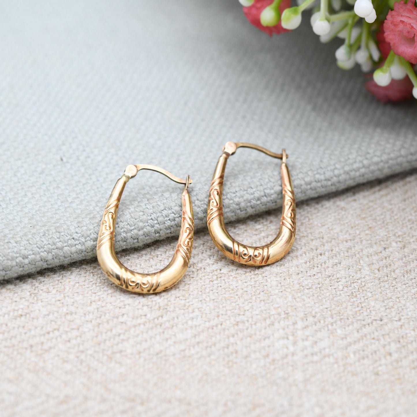 Vintage 9ct Gold Hoop Earrings – Oval Hoops with Swirling Pattern | Hollow Solid Yellow Gold | Gift for Her