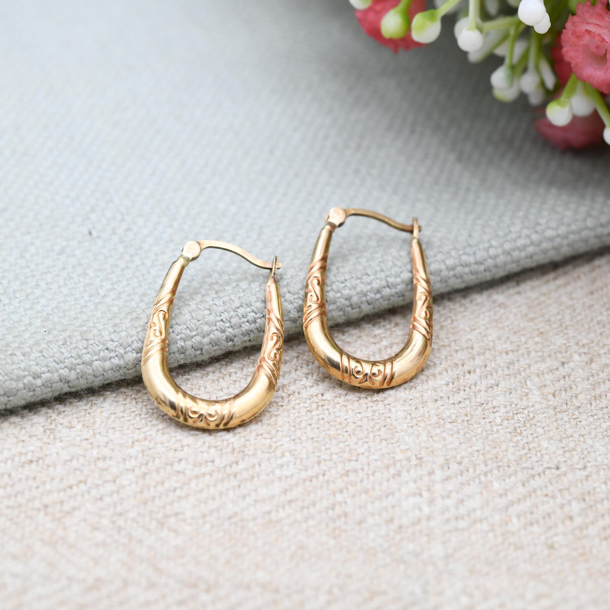 Vintage 9ct Gold Hoop Earrings – Oval Hoops with Swirling Pattern | Hollow Solid Yellow Gold | Gift for Her