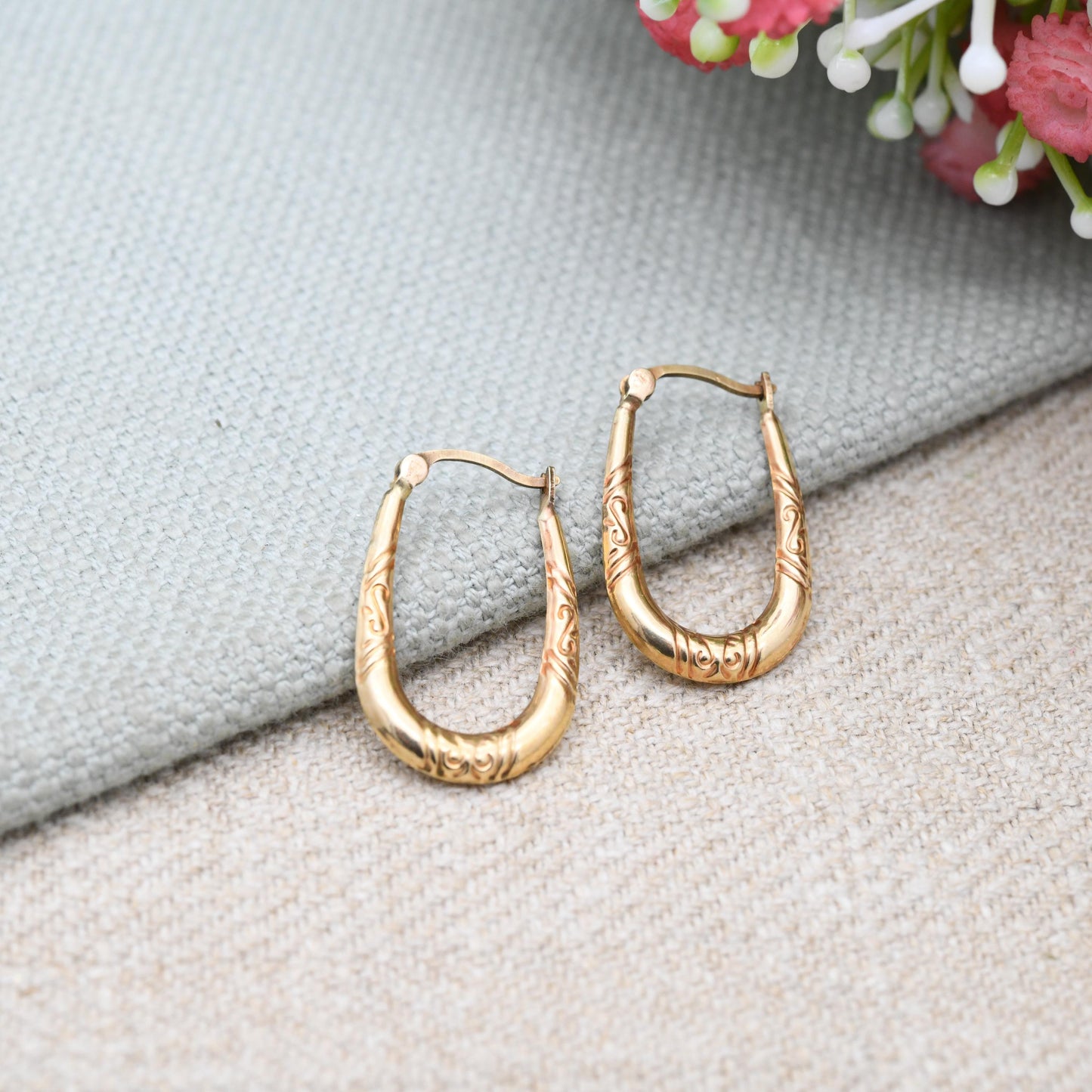 Vintage 9ct Gold Hoop Earrings – Oval Hoops with Swirling Pattern | Hollow Solid Yellow Gold | Gift for Her