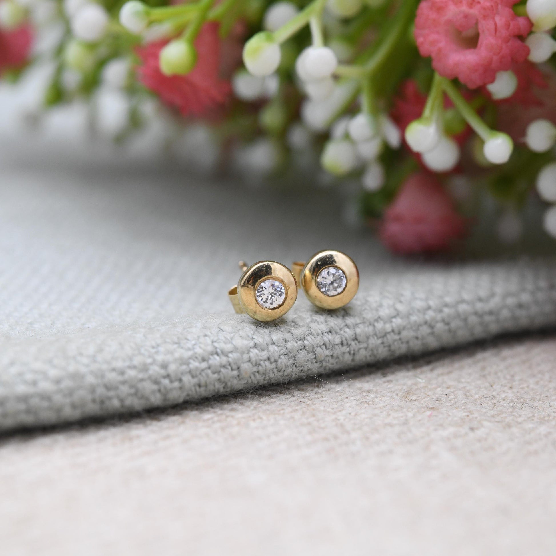 Vintage 9ct Gold CZ Bezel Set Stud Earrings - Sparkly Clear Gemstone | Gold Birthday Gift | Butterfly Back | Everyday Stud Earrings