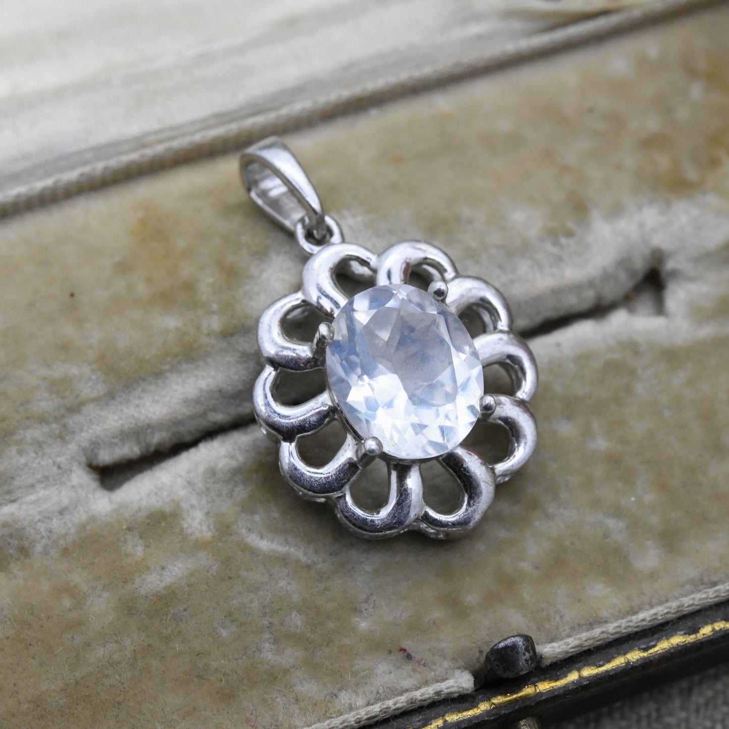 Vintage Sterling Silver and Clear Stone Charm Pendant TGGC - Floral Openwork and Large Faceted White Stone | Gift for Pendant Charm Necklace