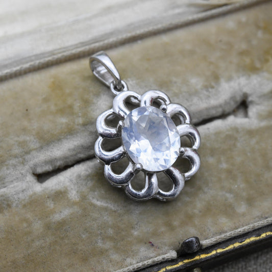 Vintage Sterling Silver and Clear Stone Charm Pendant TGGC - Floral Openwork and Large Faceted White Stone | Gift for Pendant Charm Necklace