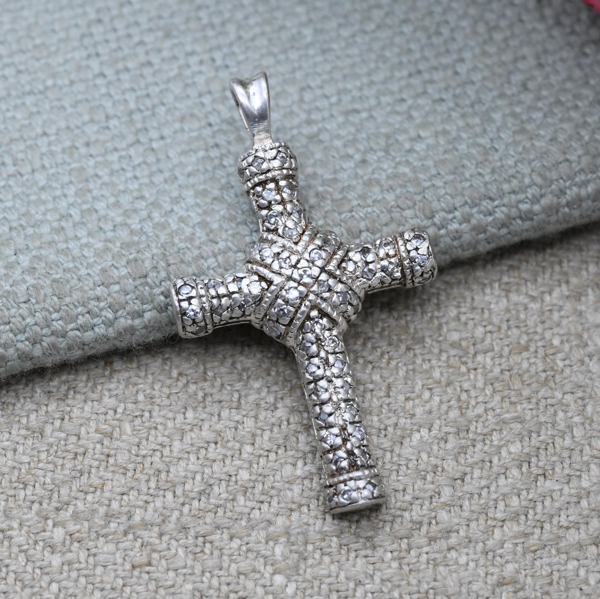 Vintage Sterling Silver and Clear Stone Cross Pendant - Shiny Gemstone Textured Religious Gift | Detailed Cross | Christian Necklace