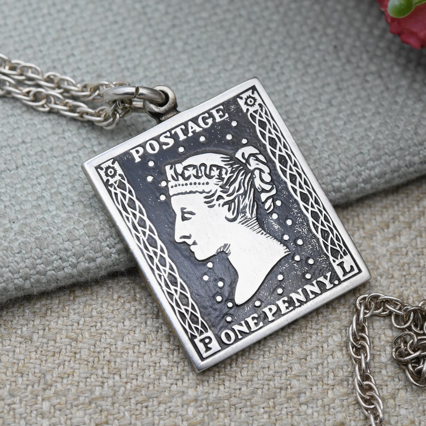 Vintage Sterling Silver One Penny Black Stamp Pendant 1978 - Italian Silver Triple Curb Link Chain Necklace